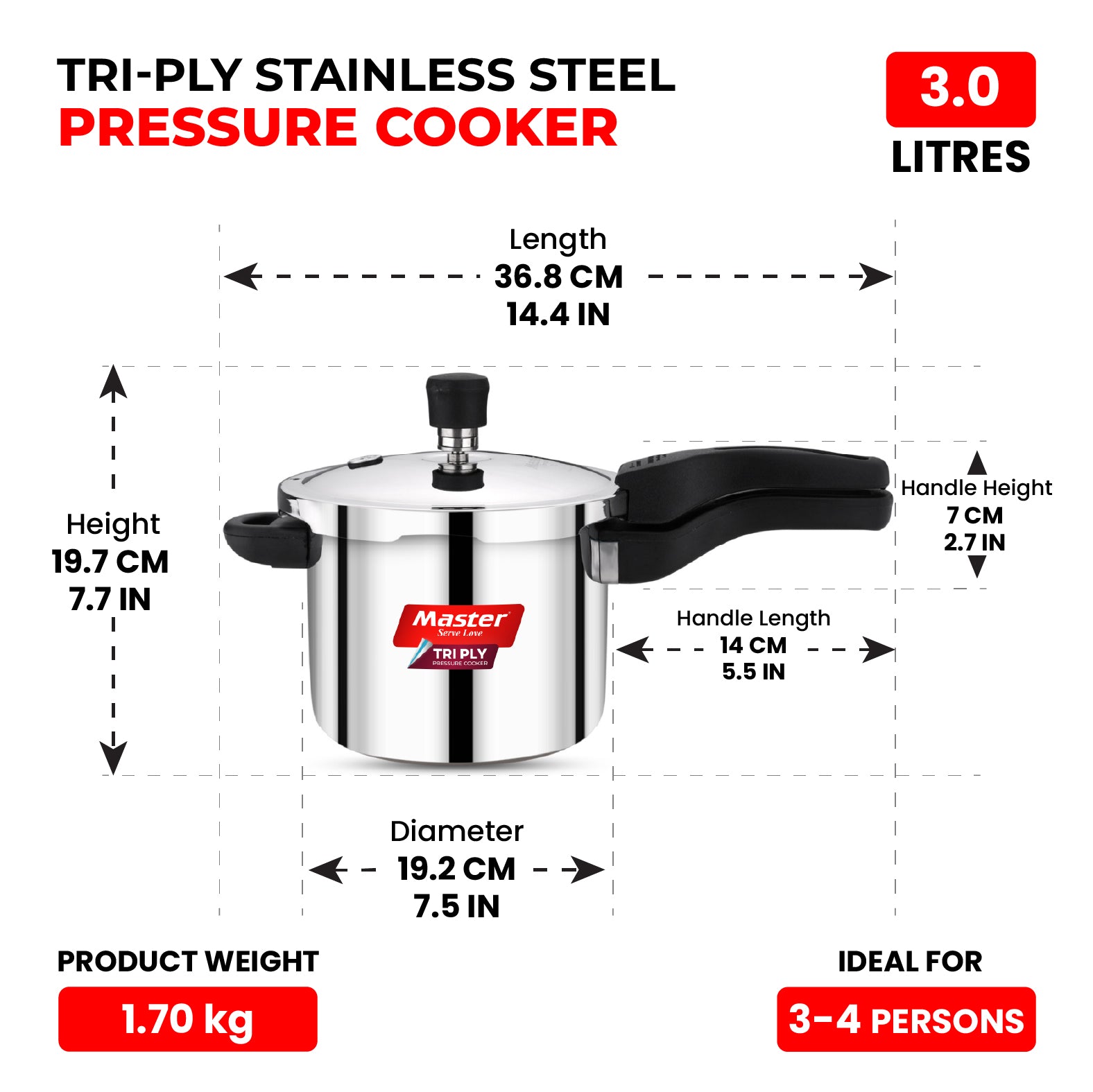 Nova 3L Tri Ply Flat Outer Lid Pressure Cooker - Induction Base - Master