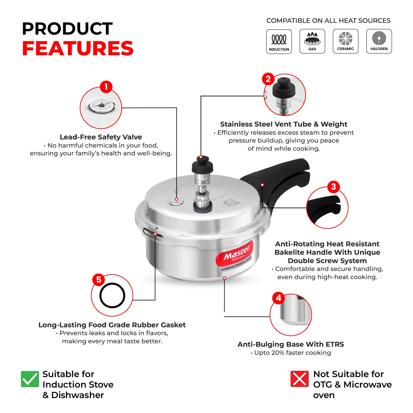 Popular 2L Aluminium Outer Lid Pressure Cooker - Induction Base - Master