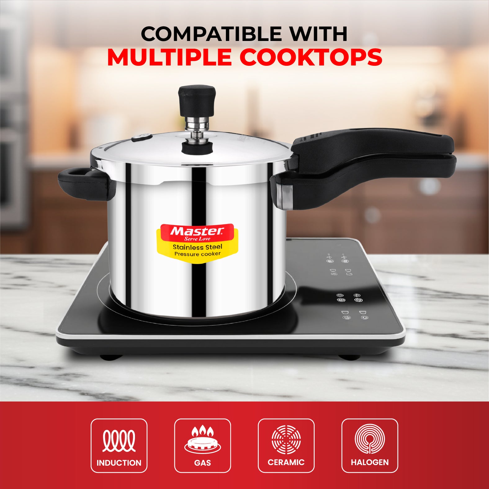 Amora 3L Stainless Steel Flat Outer Lid Pressure Cooker - Induction Base - Master