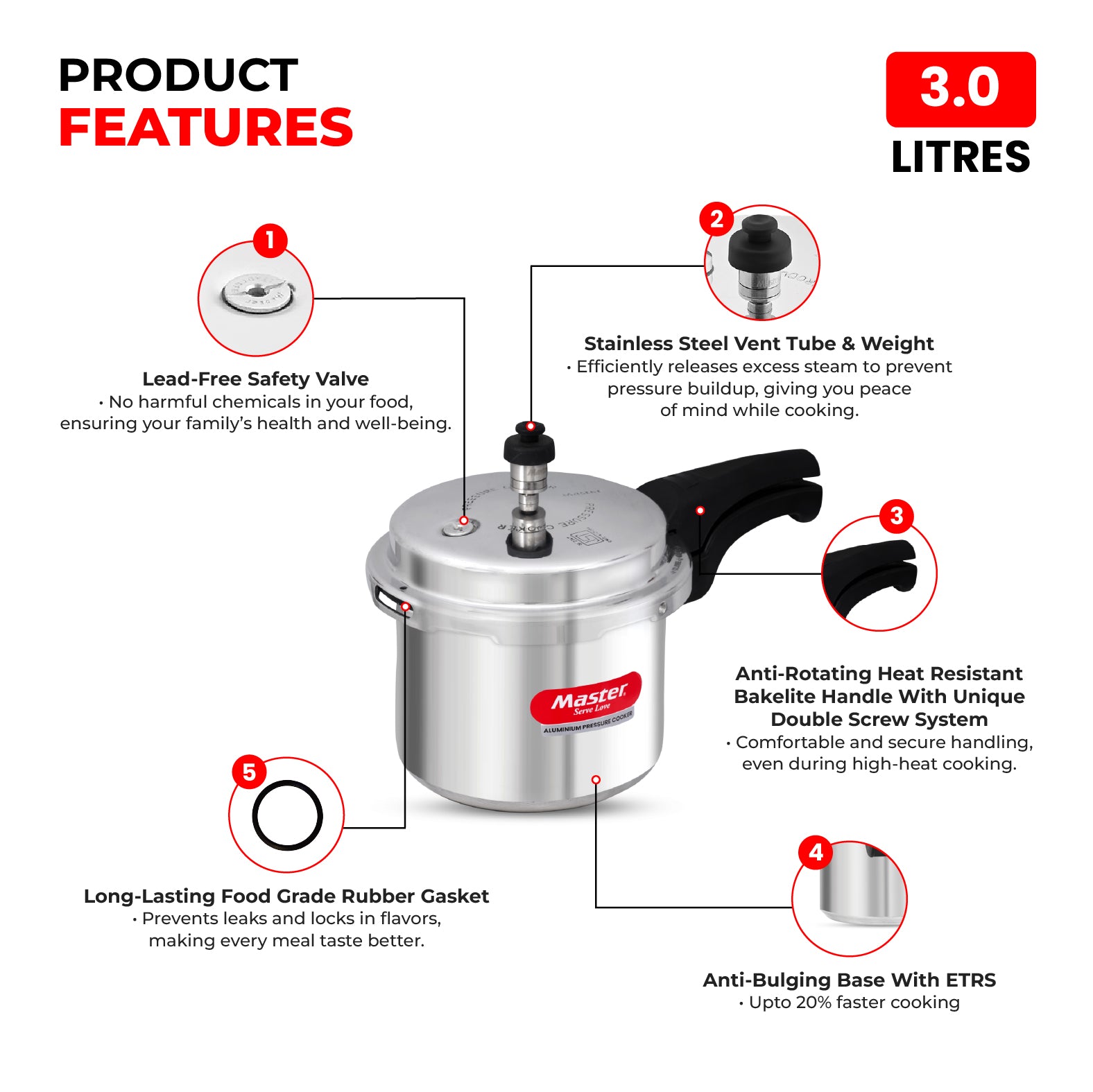 Popular 3L Aluminium Outer Lid Pressure Cooker - Induction Base - Master