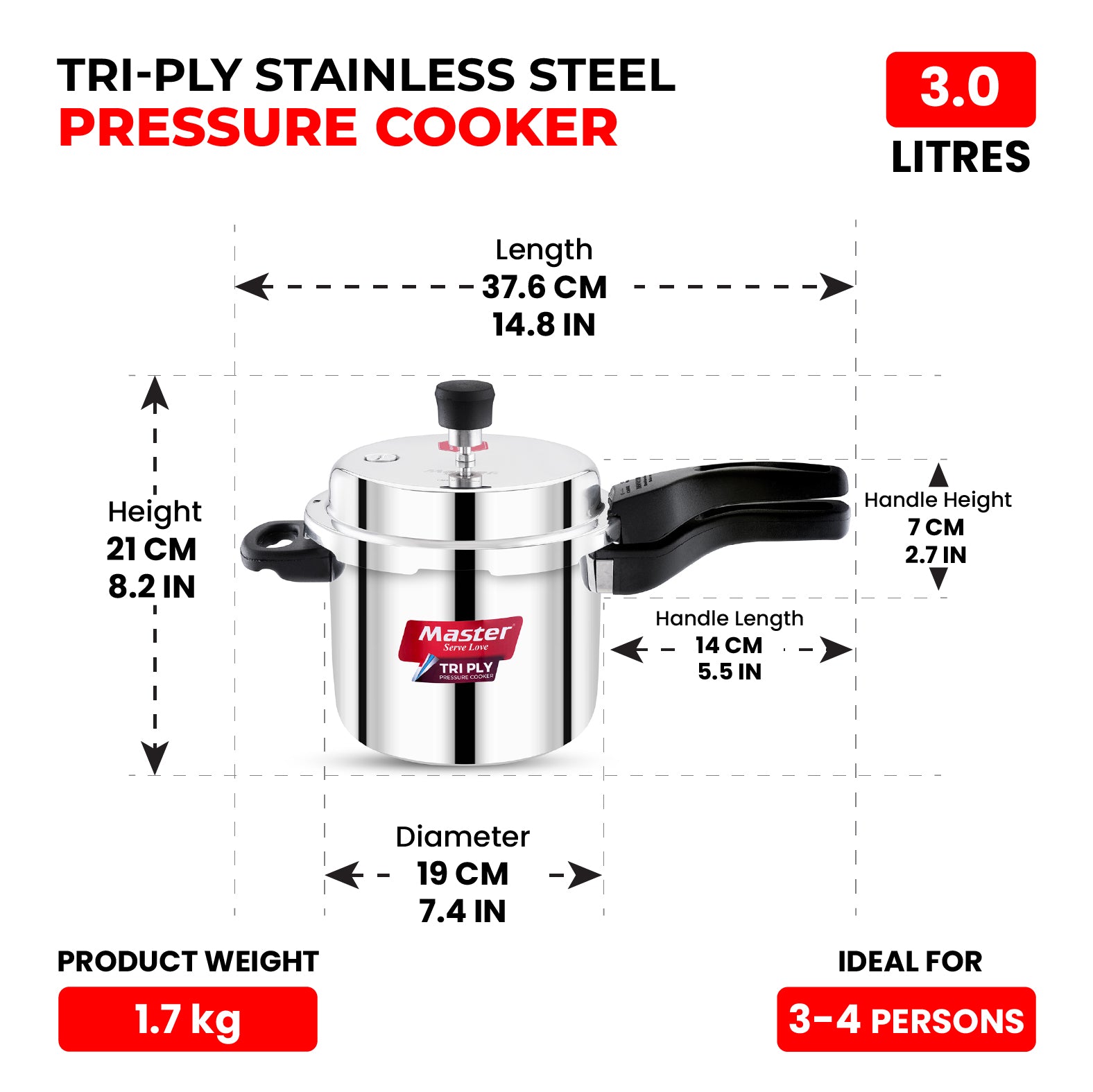 Trinamo 3L Outer Lid Tri Ply Pressure Cooker - Induction Base - Master