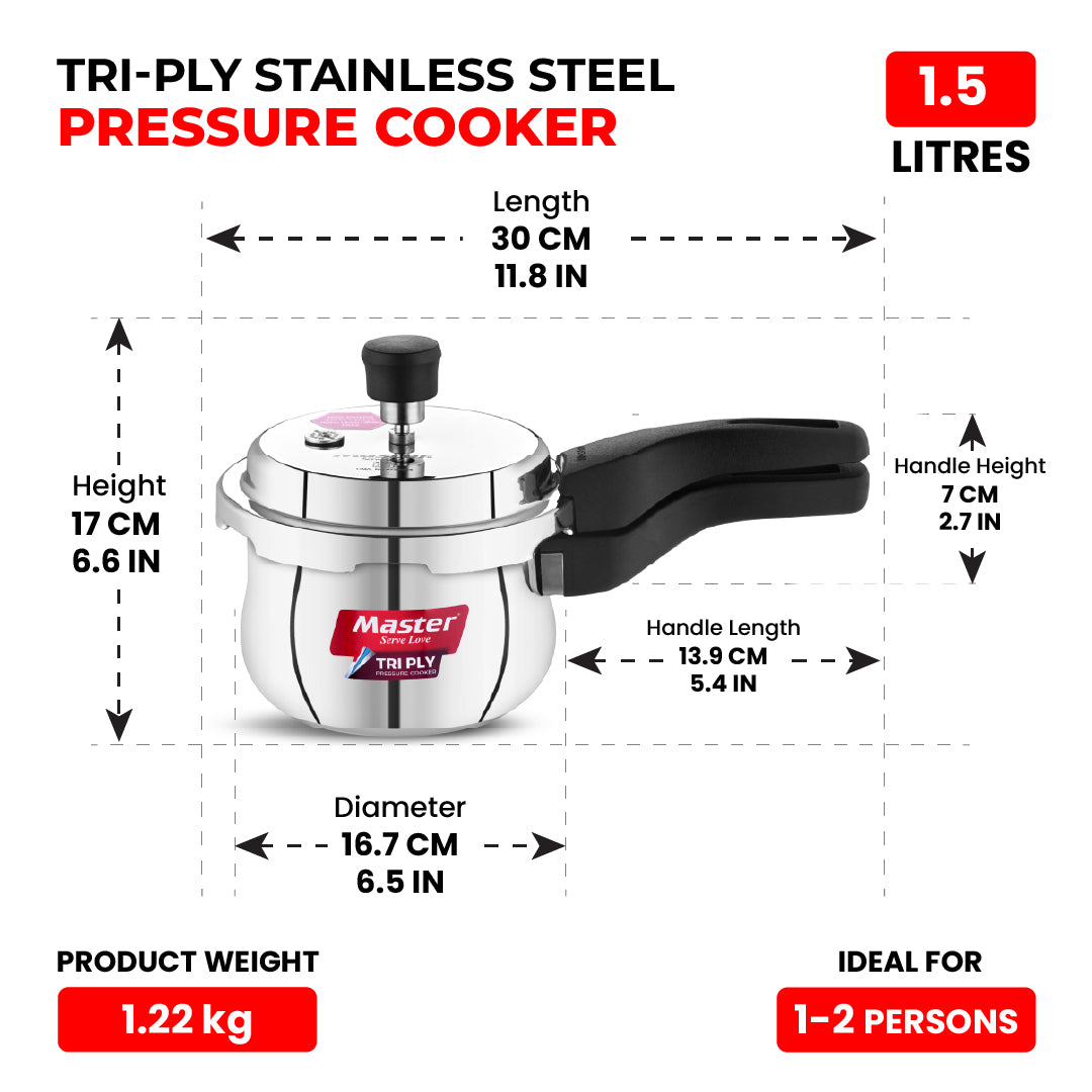 Robusta 1.5L Tri Ply Outer Lid Handi Pressure Cooker - Induction Base - Master