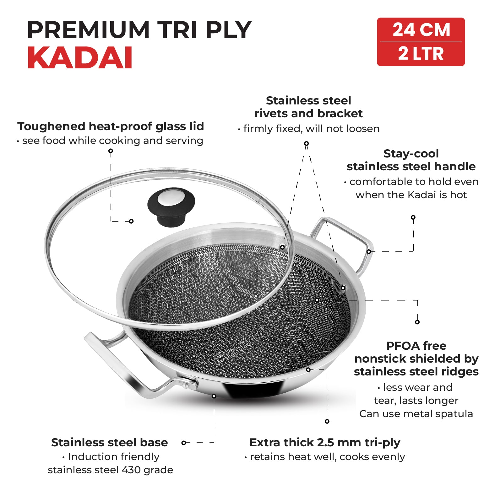 Titan Pro 24cm Kadai with Glass Lid - Master