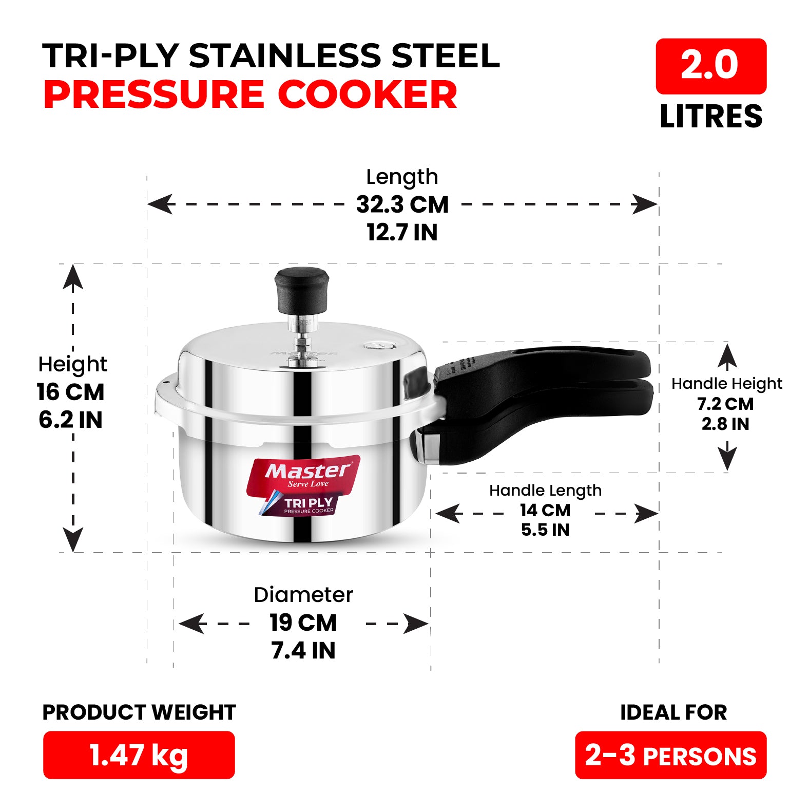 Trinamo 2L Outer Lid Tri Ply Pressure Cooker - Induction Base - Master