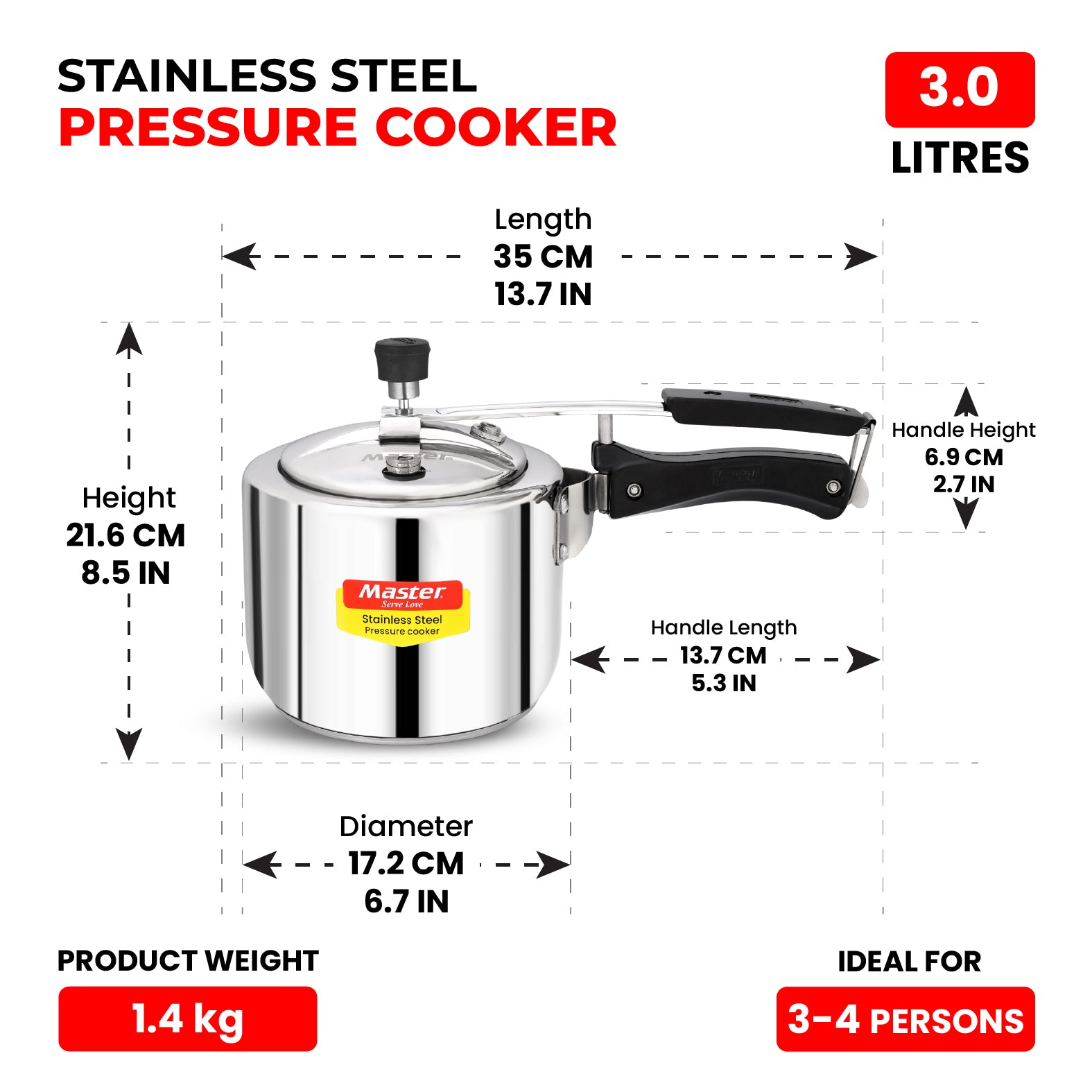 Gloria 3L Stainless Steel Inner Lid Pressure Cooker - Induction Base - Master