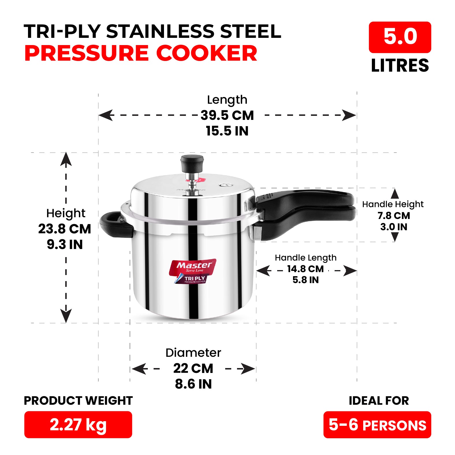 Trinamo 5L Outer Lid Tri Ply Pressure Cooker - Induction Base - Master