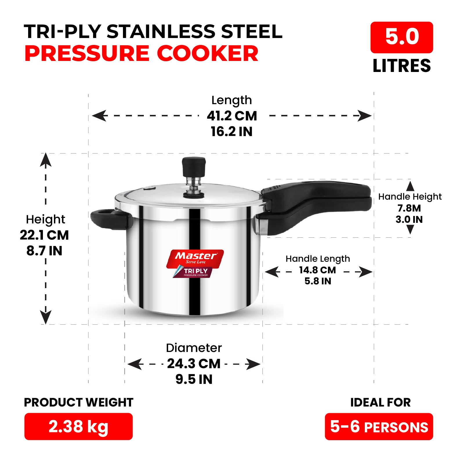 Nova 5L Tri Ply Flat Outer Lid Pressure Cooker - Induction Base - Master