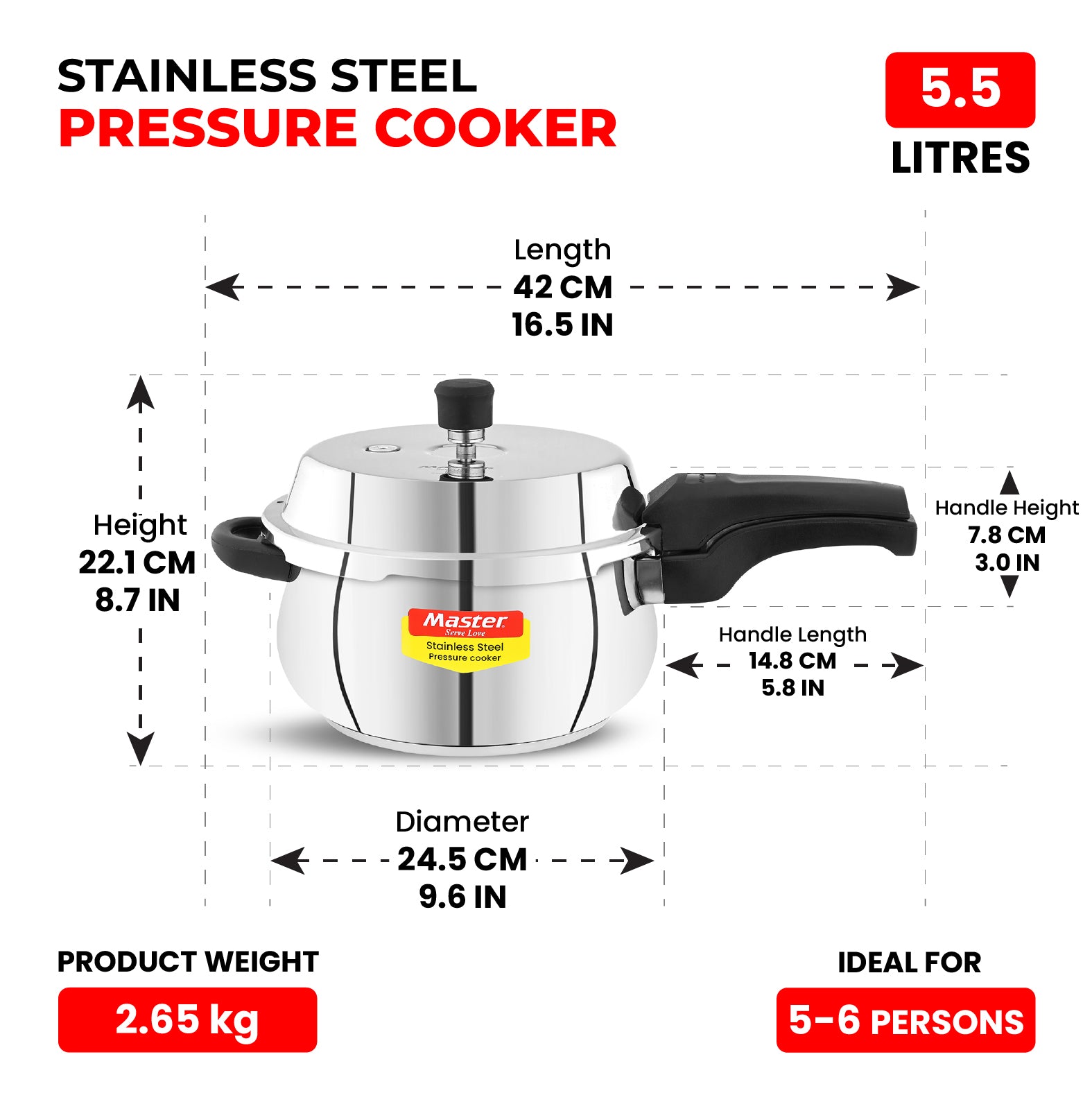 Nexa 5.5L Stainless Steel Outer Lid Handi Pressure Cooker - Induction Base - Master