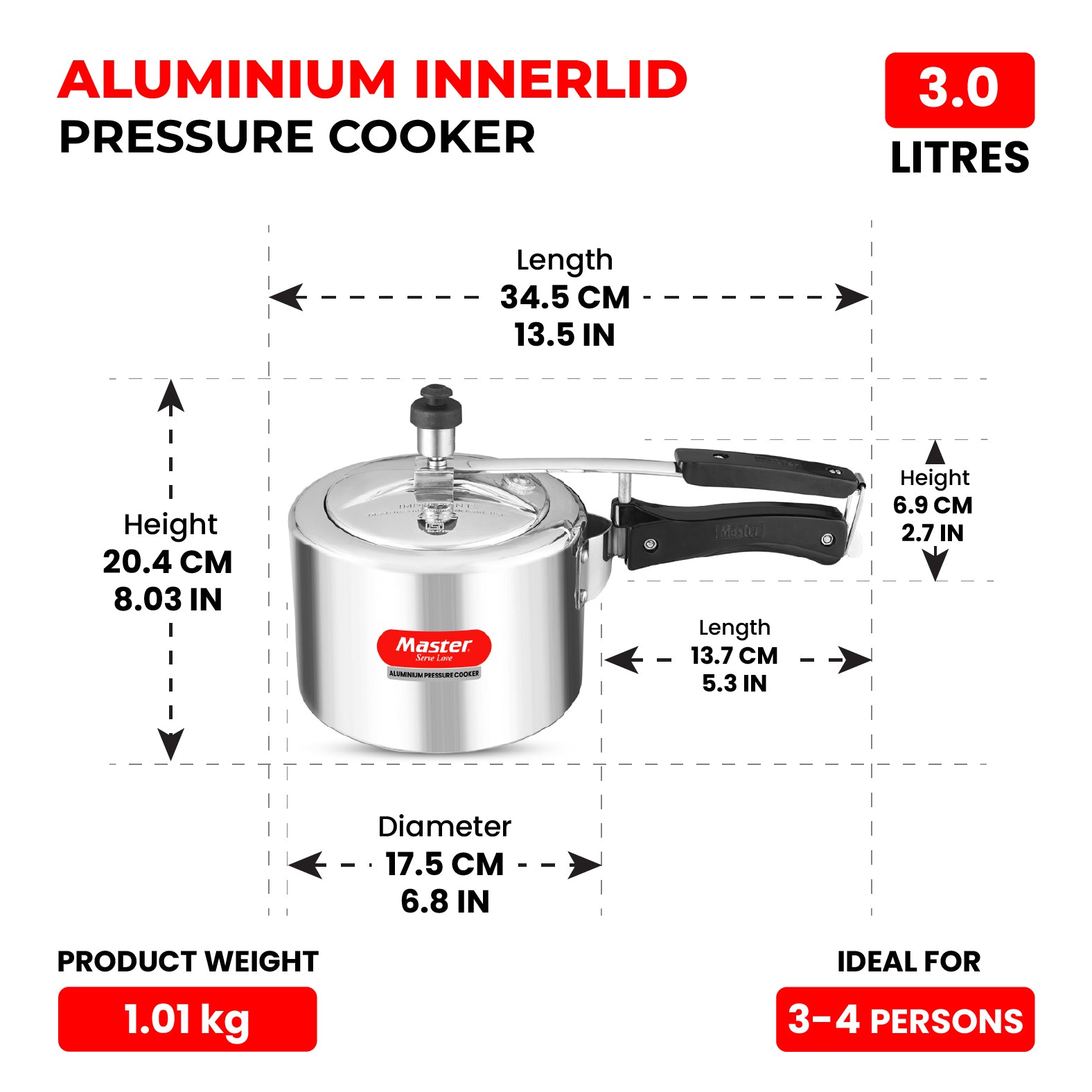 Secura 3L Aluminium Inner Lid Pressure Cooker - Induction Base - Master