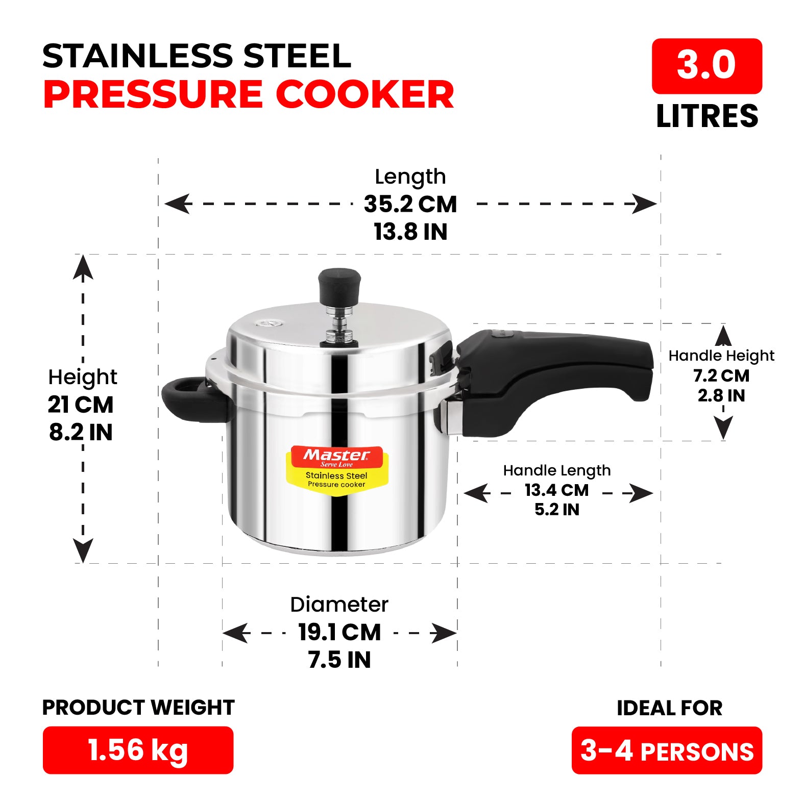 Smart 3L Stainless Steel Outer Lid Pressure Cooker - Induction Base - Master