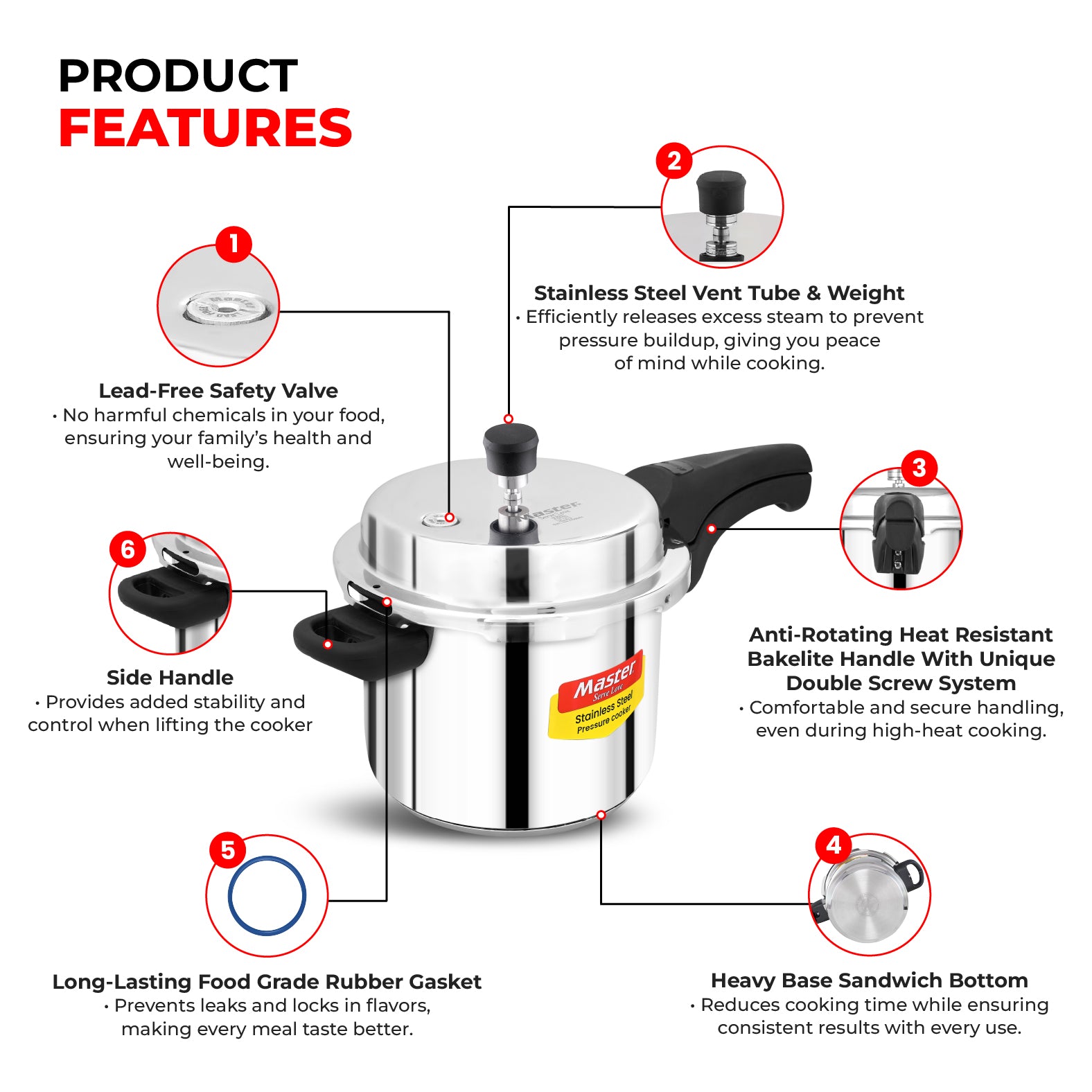 Magnum Stainless Steel Outer Lid Pressure Cooker Combo - 5L + 3L + 2L Pan - Induction Base - Master