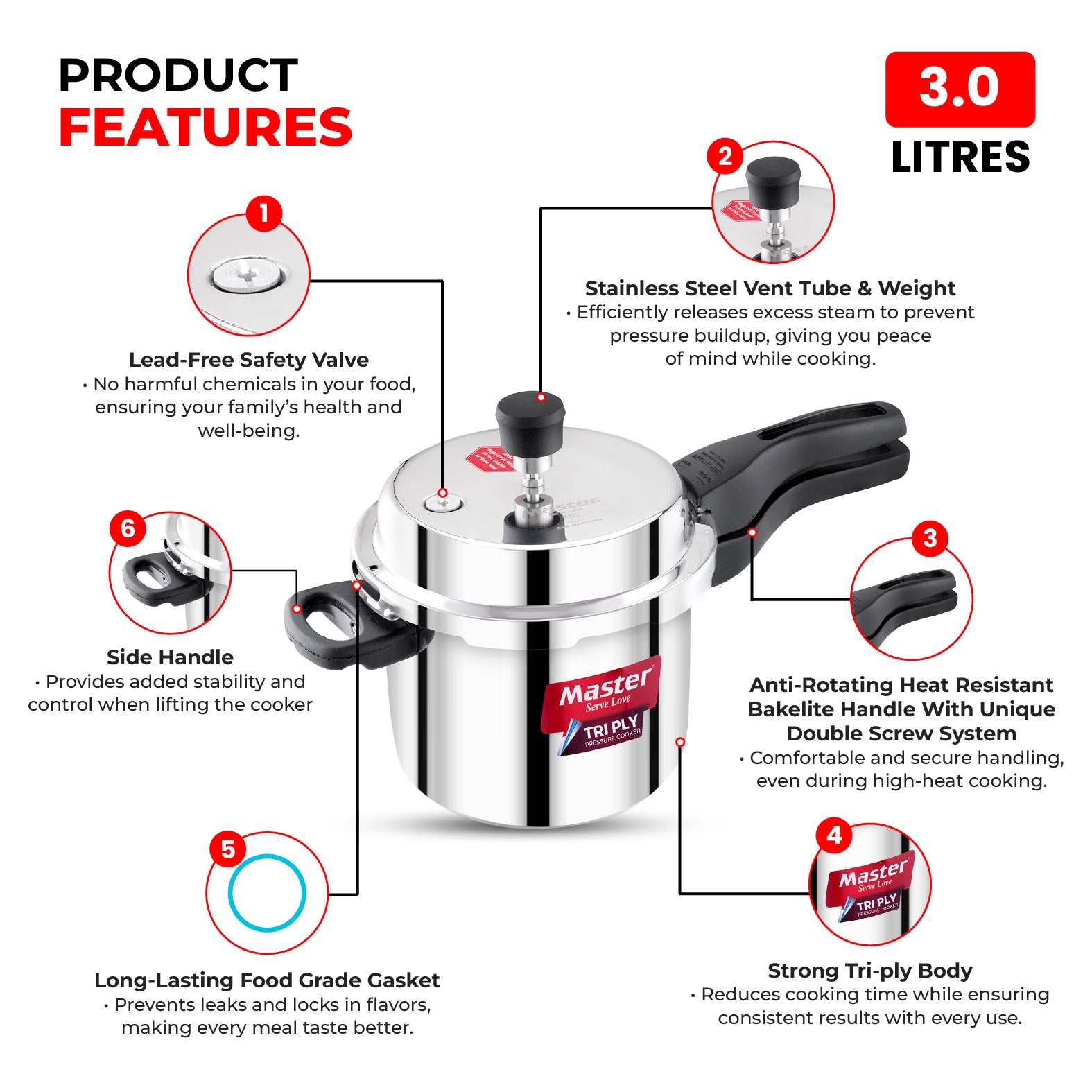 Trinamo 3L Outer Lid Tri Ply Pressure Cooker - Induction Base - Master