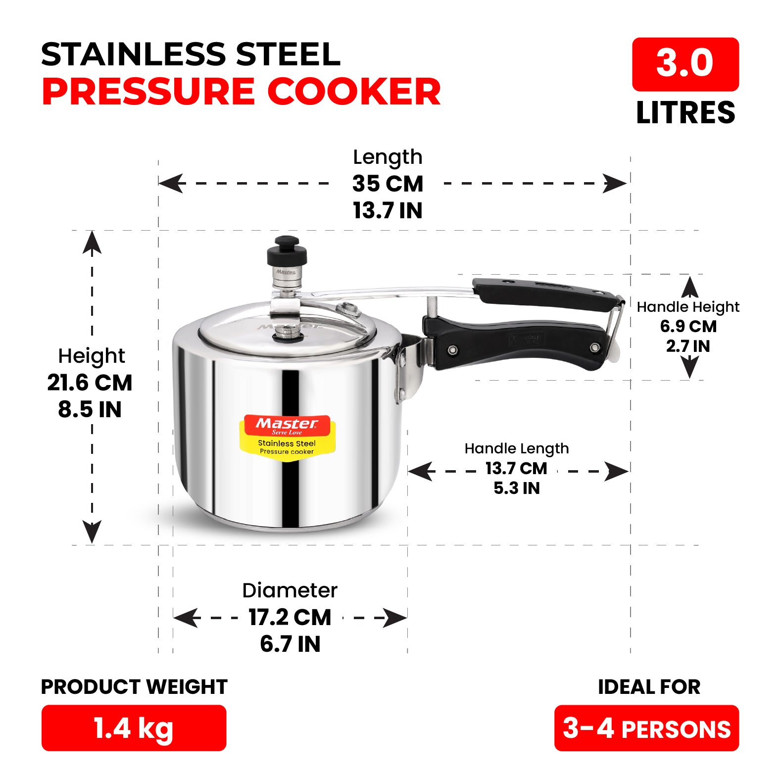Gloria 3L Stainless Steel Inner Lid Pressure Cooker - Induction Base