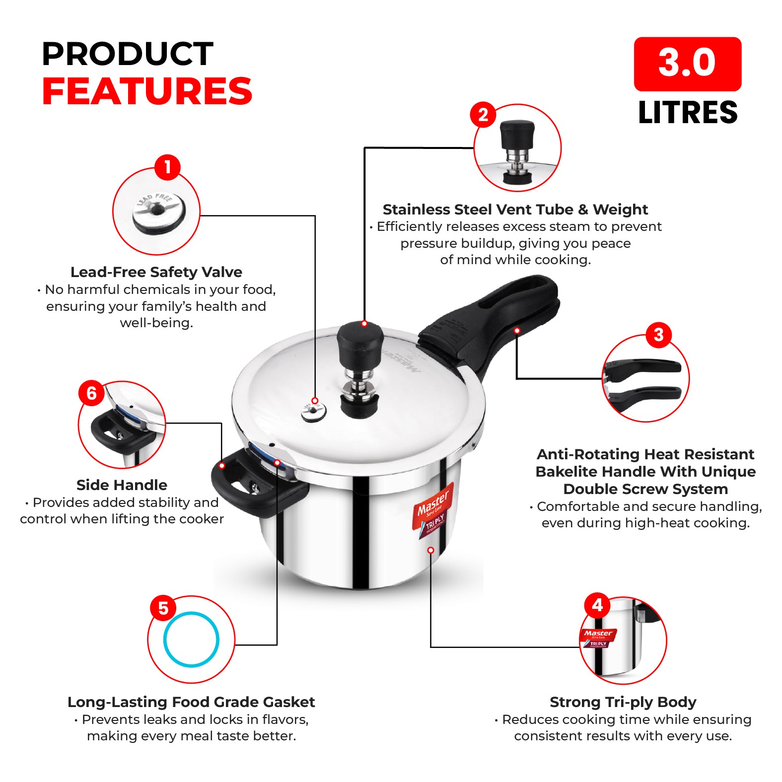 Nova 3L Tri Ply Flat Outer Lid Pressure Cooker - Induction Base - Master