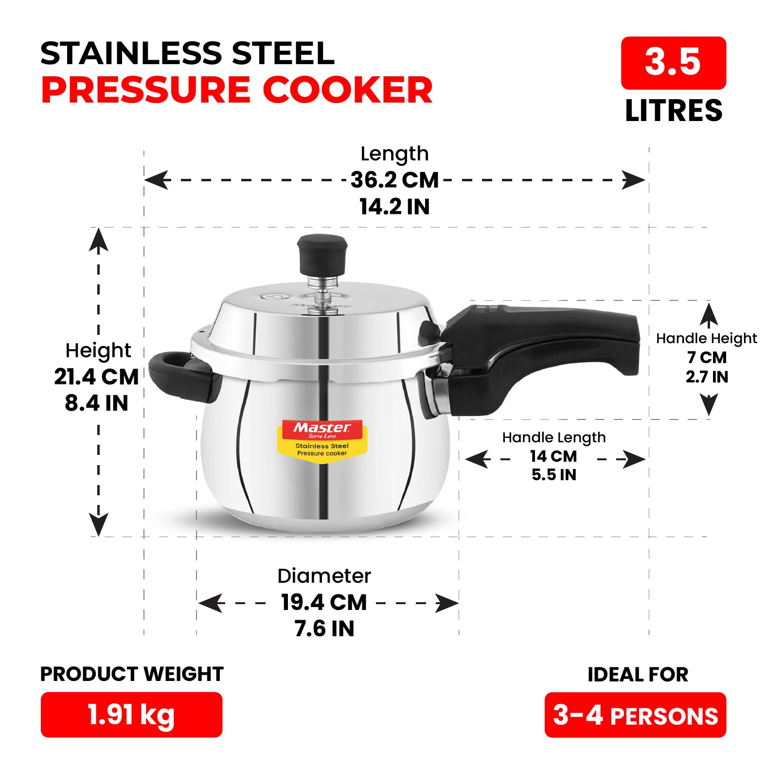 Nexa 3.5L Stainless Steel Outer Lid Handi Pressure Cooker - Induction Base - Master