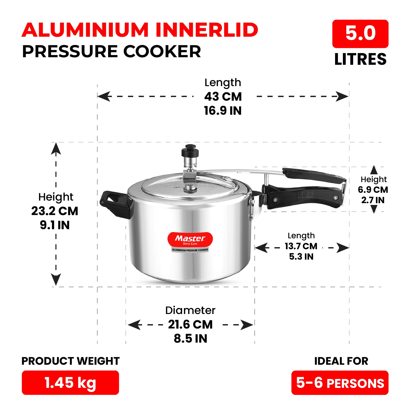 Secura 5L Aluminium Inner Lid Pressure Cooker - Induction Base - Master