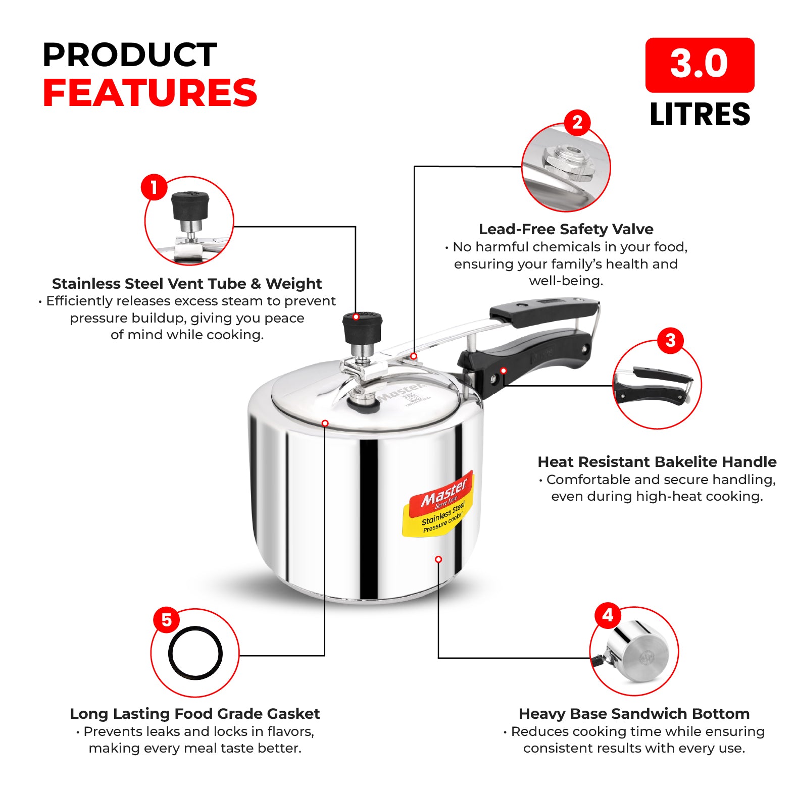 Gloria 3L Stainless Steel Inner Lid Pressure Cooker - Induction Base - Master