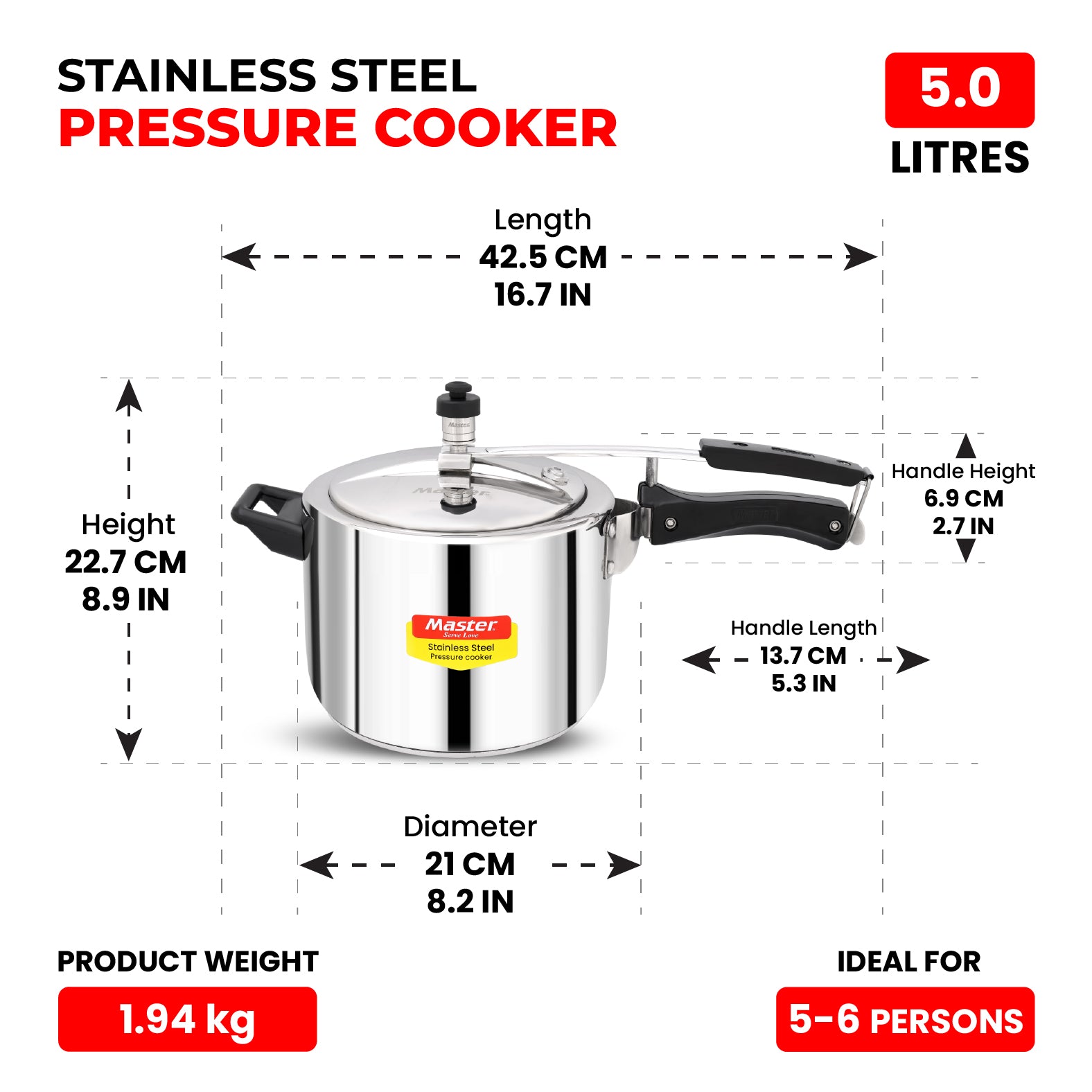 Gloria 5L Stainless Steel Inner Lid Pressure Cooker - Induction Base - Master