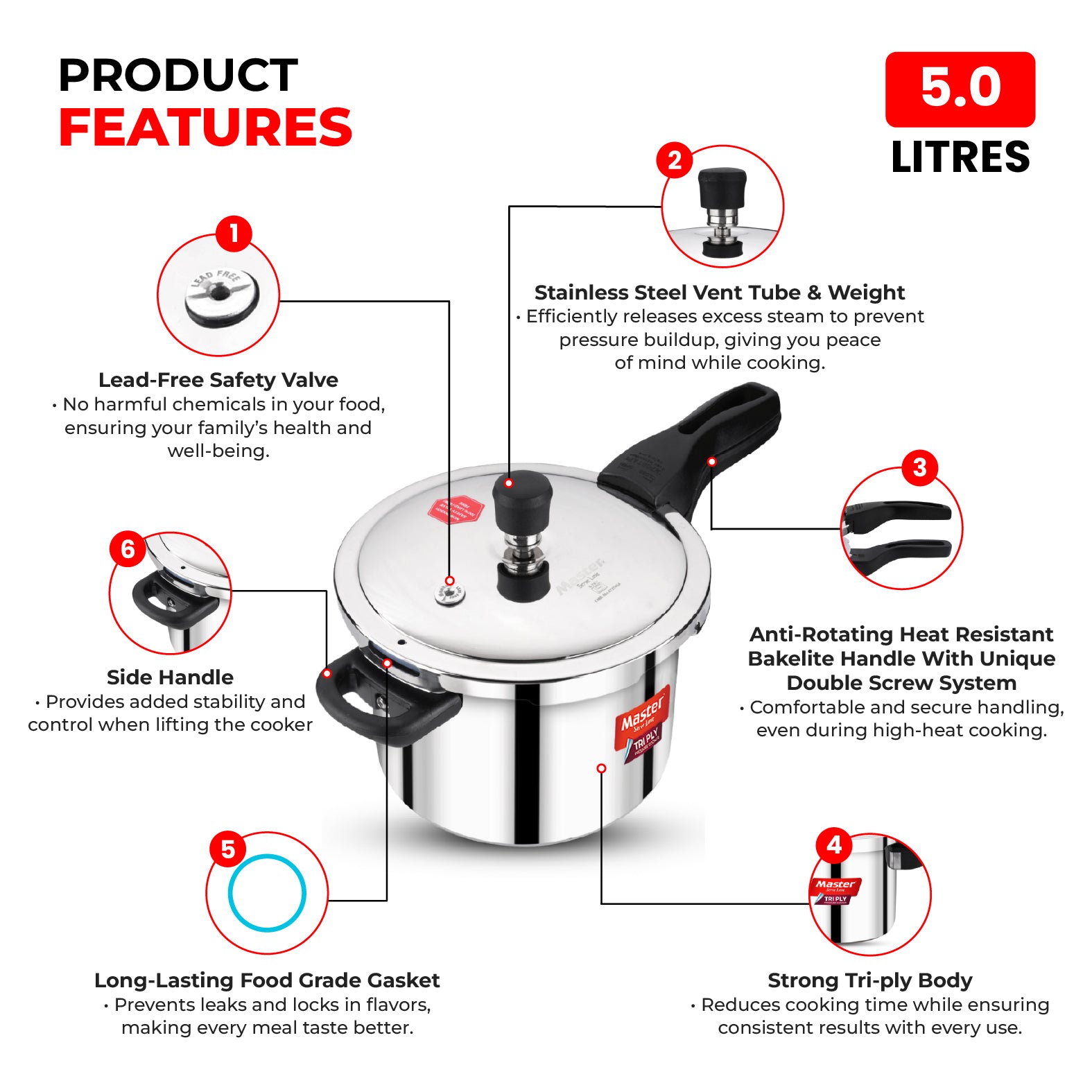 Nova 5L Tri Ply Flat Outer Lid Pressure Cooker - Induction Base - Master