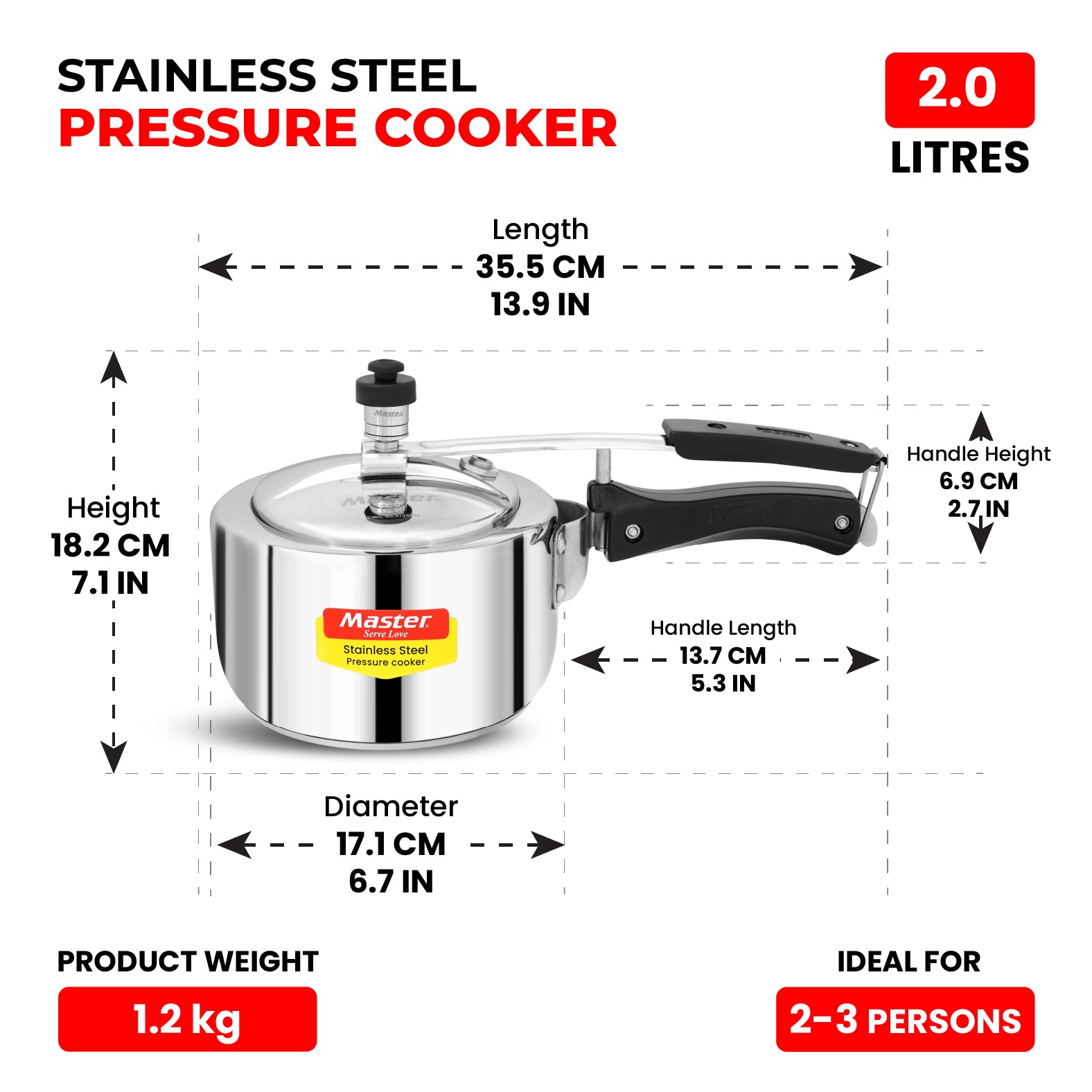 Gloria 2L Stainless Steel Inner Lid Pressure Cooker - Induction Base - Master