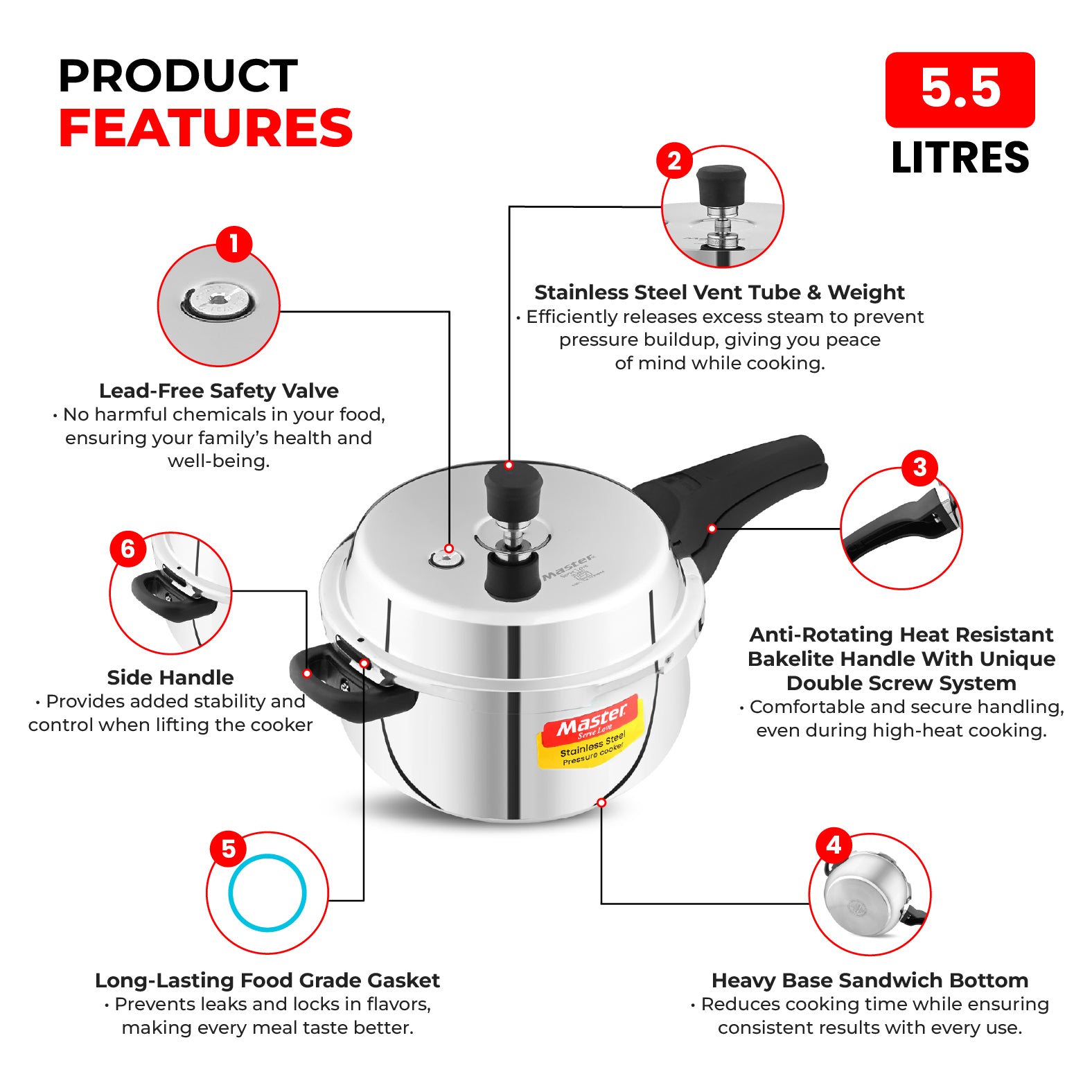 Nexa 5.5L Stainless Steel Outer Lid Handi Pressure Cooker - Induction Base - Master