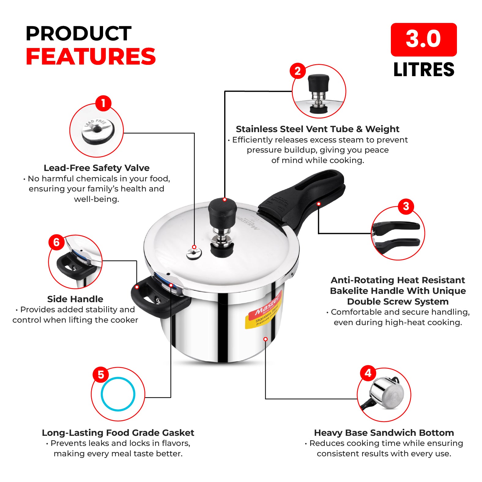 Amora 3L Stainless Steel Flat Outer Lid Pressure Cooker - Induction Base - Master