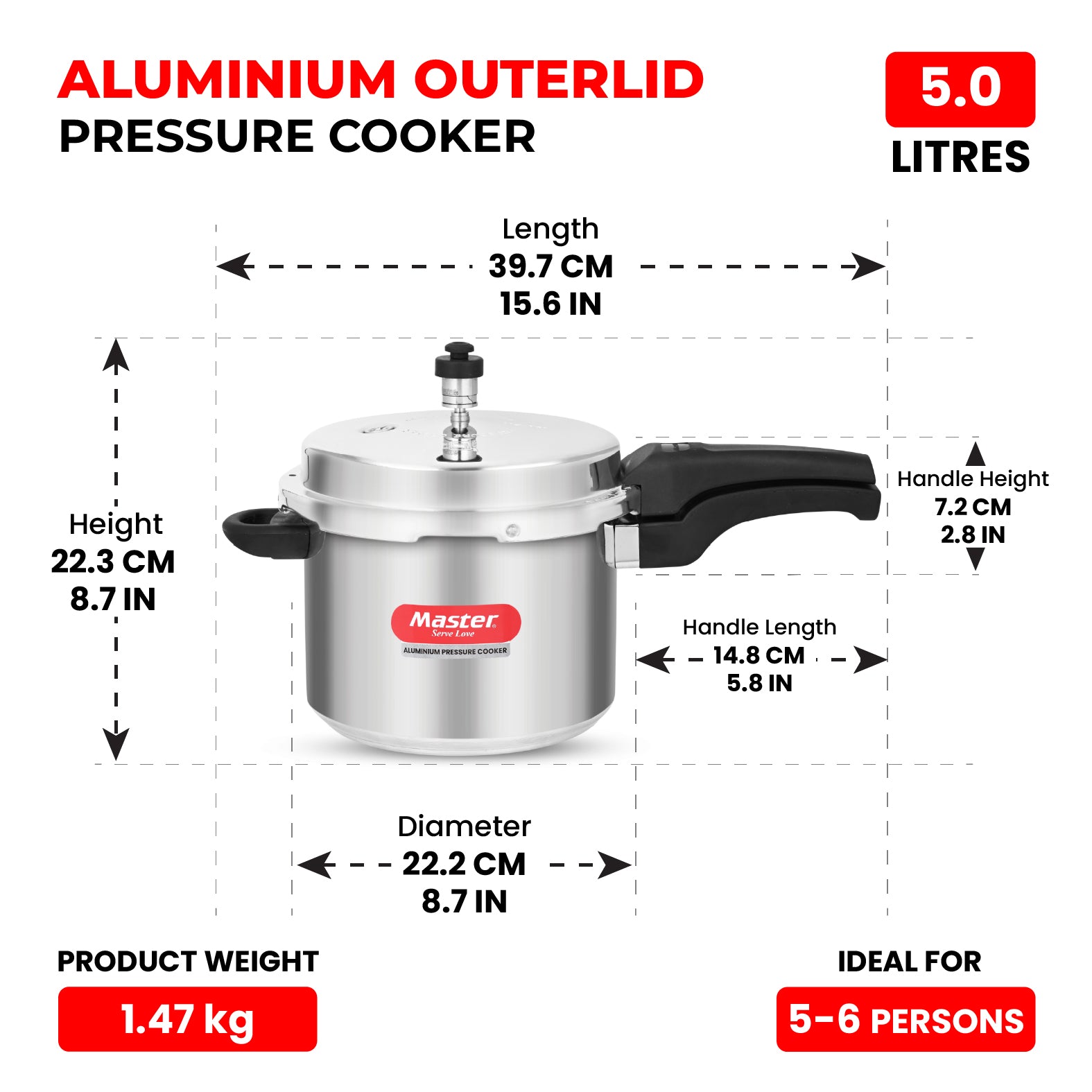 Popular 5L Aluminium Outer Lid Pressure Cooker - Induction Base - Master