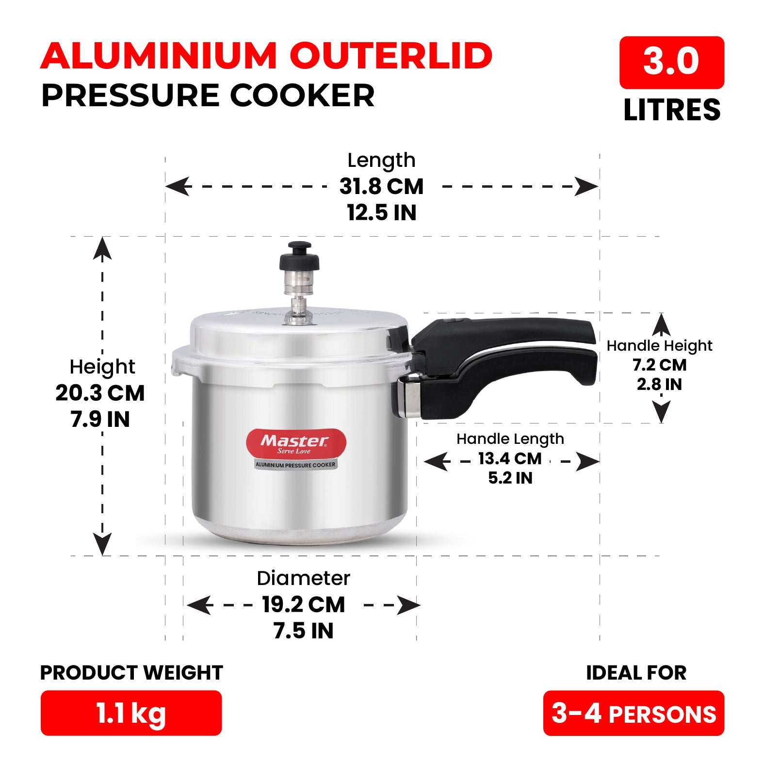 Popular 3L Aluminium Outer Lid Pressure Cooker - Induction Base - Master