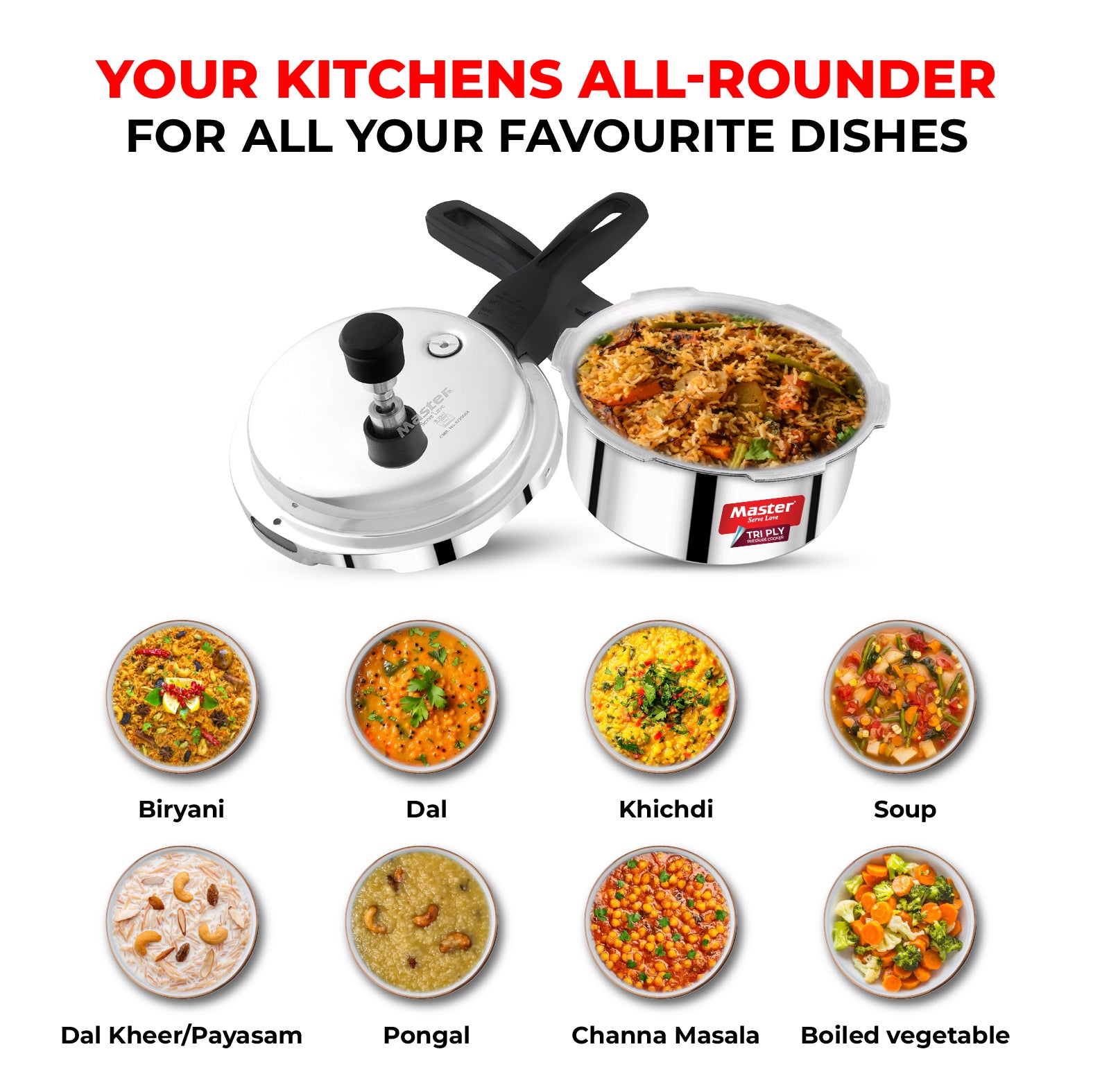 Trinamo 1.5L Outer Lid Tri Ply Pressure Cooker - Induction Base - Master