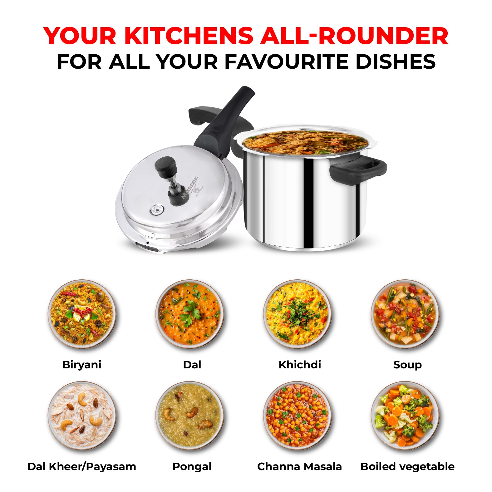 Magnum Stainless Steel Outer Lid Pressure Cooker Combo - 5L + 3L + 2L Pan - Induction Base - Master