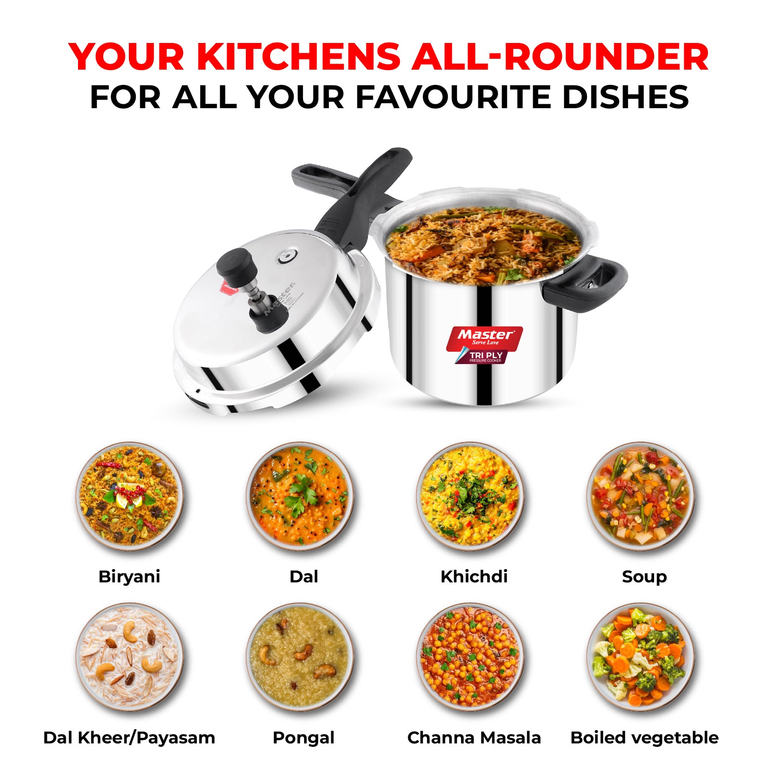 Triplica Pro 5L+3L+1.5L Tri Ply Outer Lid Pressure Cooker Combo - Induction Base