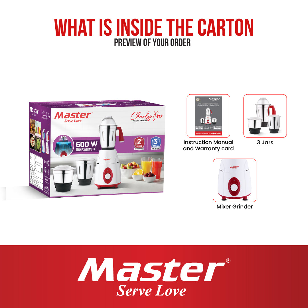 Charly PRO 600W Mixer Grinder with 3 Jars (Red) - Master