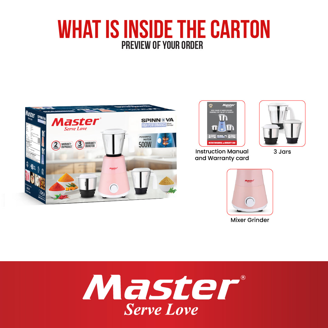 Spinnova 500W Mixer Grinder with 3 Jars (Pink) - Master