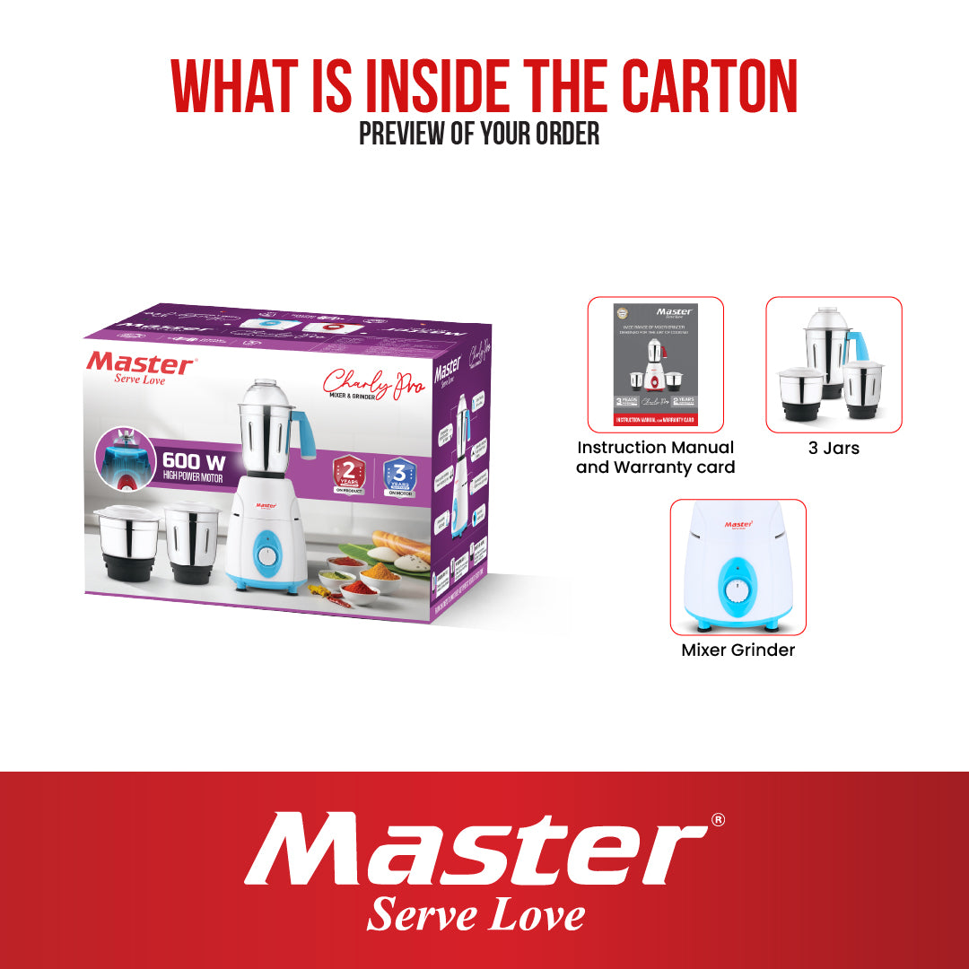 Charly PRO 600W Mixer Grinder with 3 Jars (Blue) - Master