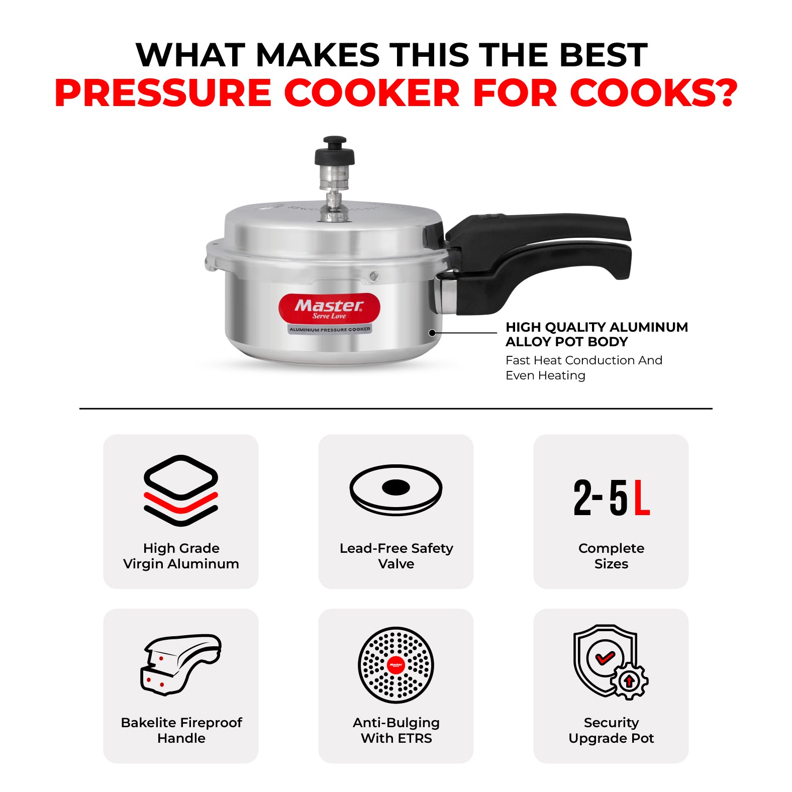 Popular 2L Aluminium Outer Lid Pressure Cooker - Induction Base - Master