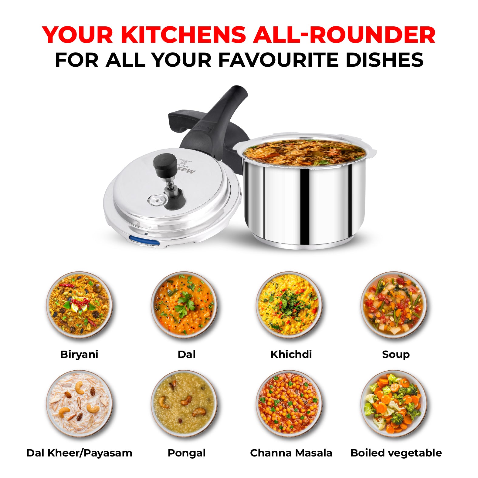 Smart Stainless Steel Outer Lid Pressure Cooker Combo - 3L + 2L Pan - Induction Base - Master