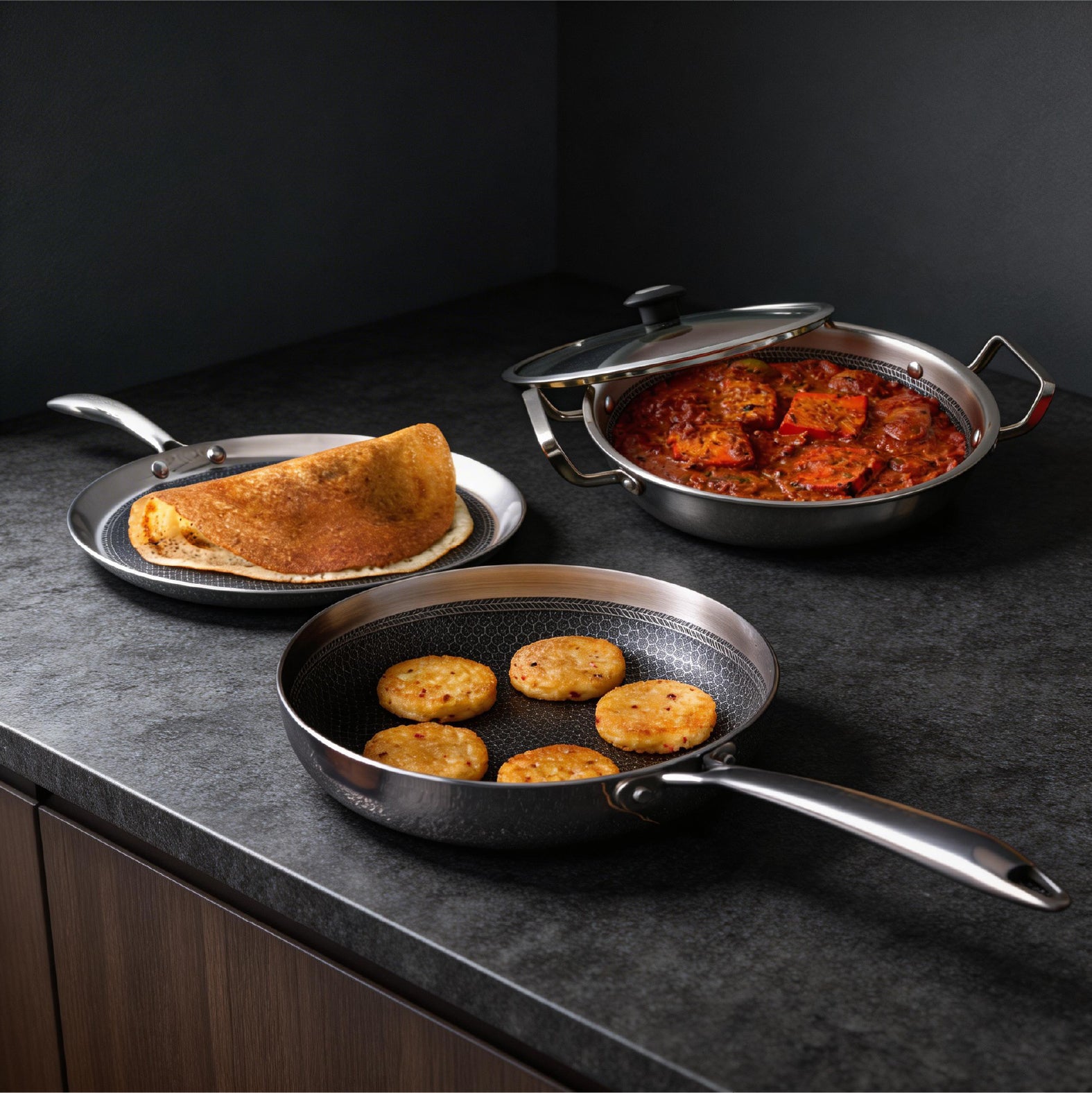 Titan Pro Honeycomb Triply Cookware Set – 24cm Fry Pan + 24cm Kadai + 29cm Dosa Tawa | Stainless Steel Triply Induction Base | Honeycomb Non-Stick Surface | Gas & Induction Compatible | Heavy Duty Kitchen Combo - Master