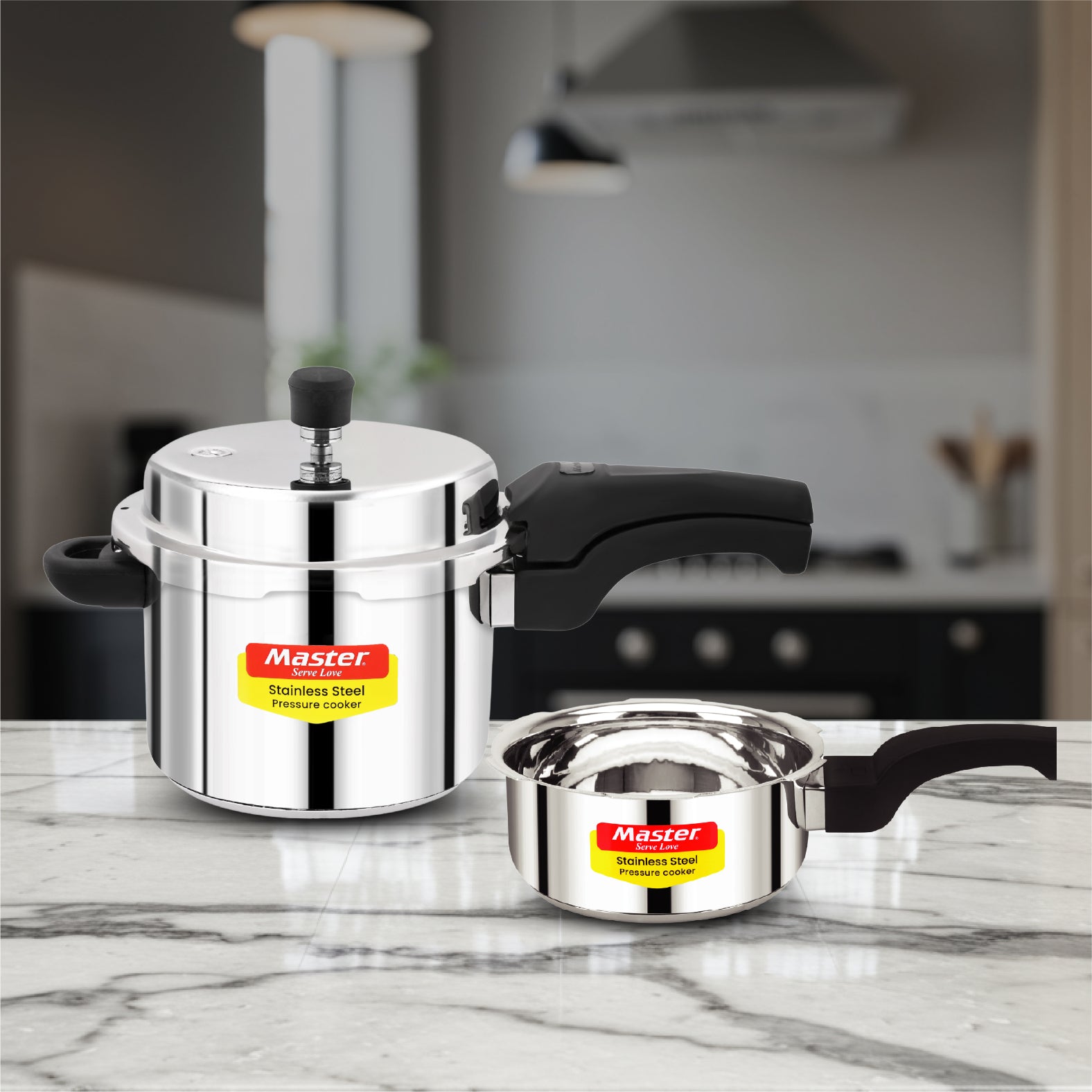 Smart Stainless Steel Outer Lid Pressure Cooker Combo - 3L + 2L Pan - Induction Base - Master