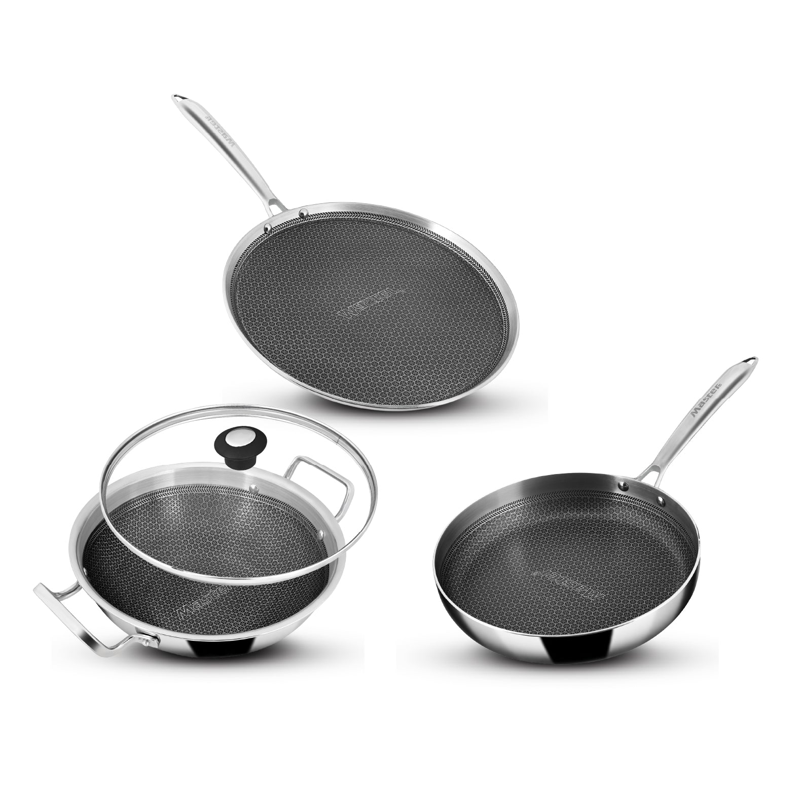 Titan Pro Honeycomb Triply Cookware Set – 24cm Fry Pan + 24cm Kadai + 29cm Dosa Tawa | Stainless Steel Triply Induction Base | Honeycomb Non-Stick Surface | Gas & Induction Compatible | Heavy Duty Kitchen Combo