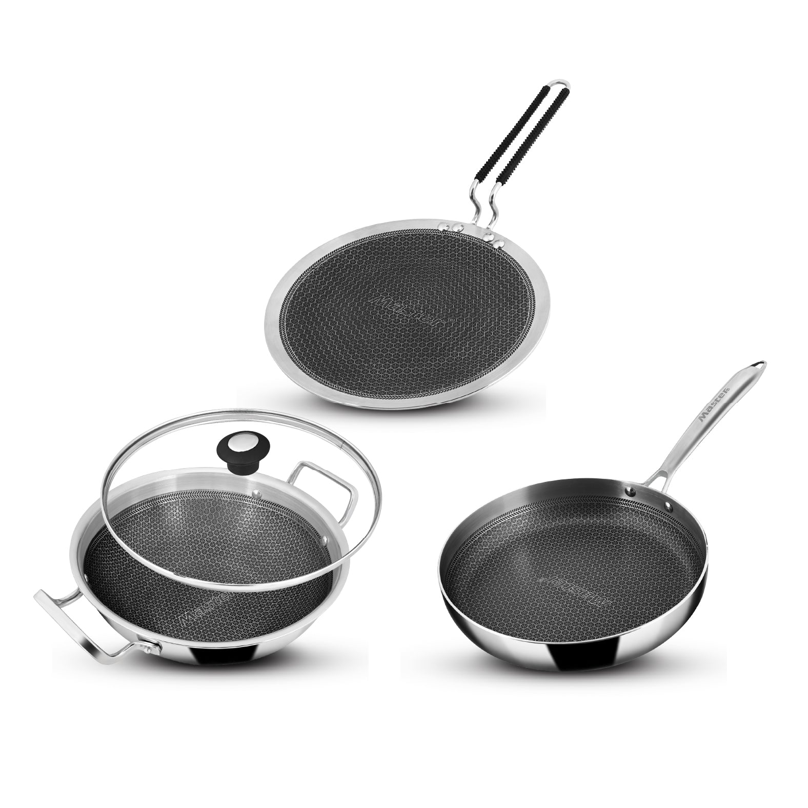 Titan Pro Honeycomb Triply Cookware Combo – 24cm Fry Pan + 24cm Kadai + 25cm Roti Tawa | Stainless Steel Triply Base | Honeycomb Non-Stick Surface | Induction & Gas Compatible | Durable Kitchen Set
