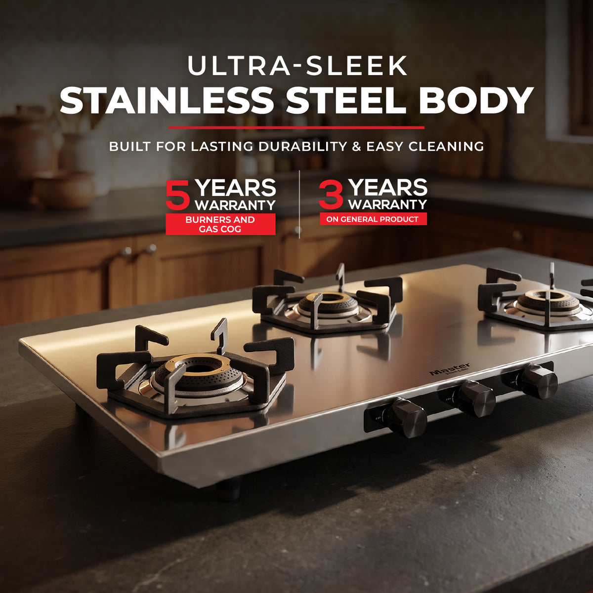 Altis Premium Stainless Steel LPG Gas Stove with Jumbo Burner – 3 Burner