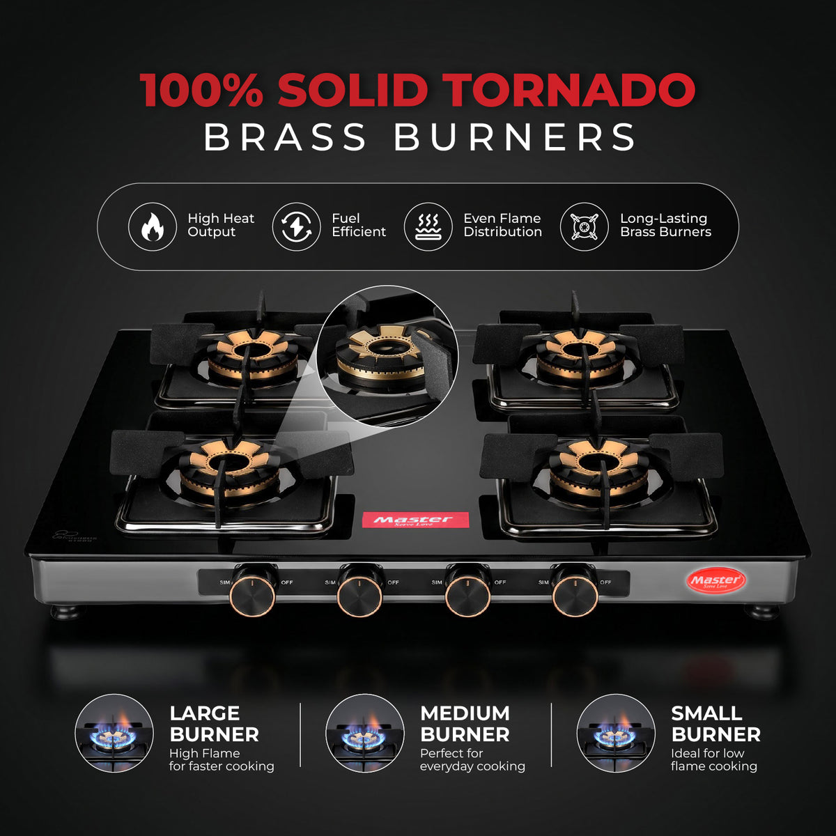 Zenova Premium Glass Top LPG Gas Stove with Jumbo Burner – 4 Burner