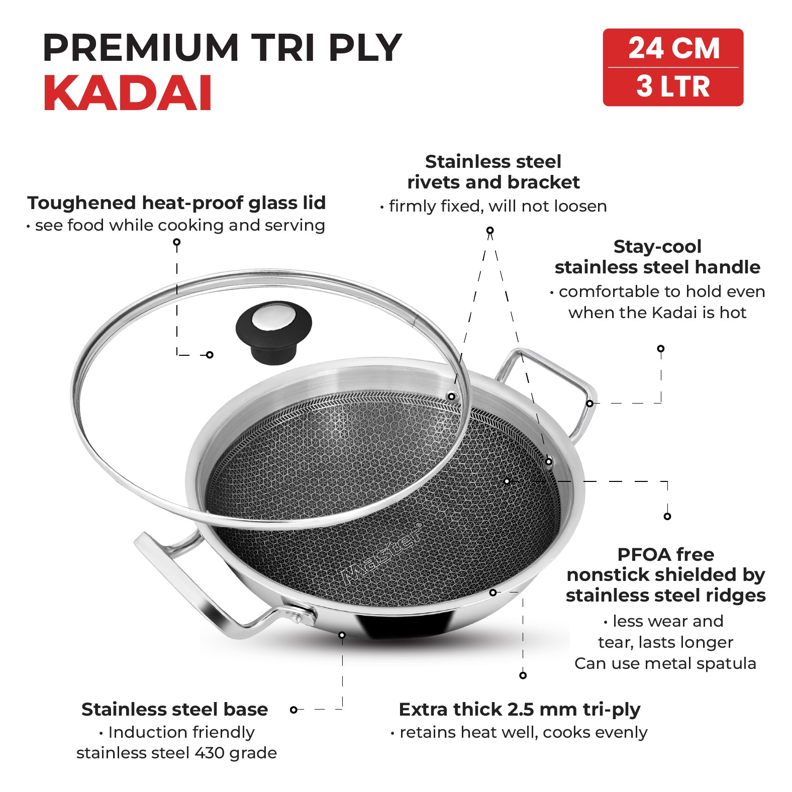 Titan Pro Honeycomb Triply Cookware Set – 24cm Fry Pan + 24cm Kadai + 29cm Dosa Tawa | Stainless Steel Triply Induction Base | Honeycomb Non-Stick Surface | Gas & Induction Compatible | Heavy Duty Kitchen Combo - Master