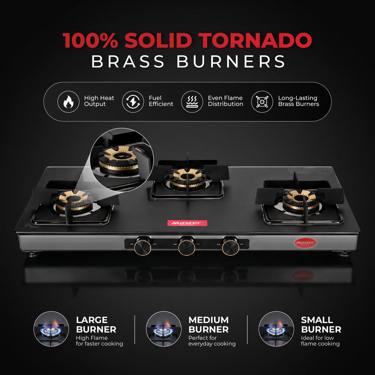 Zenova Premium Glass Top LPG Gas Stove with Jumbo Burner – 3 Burner