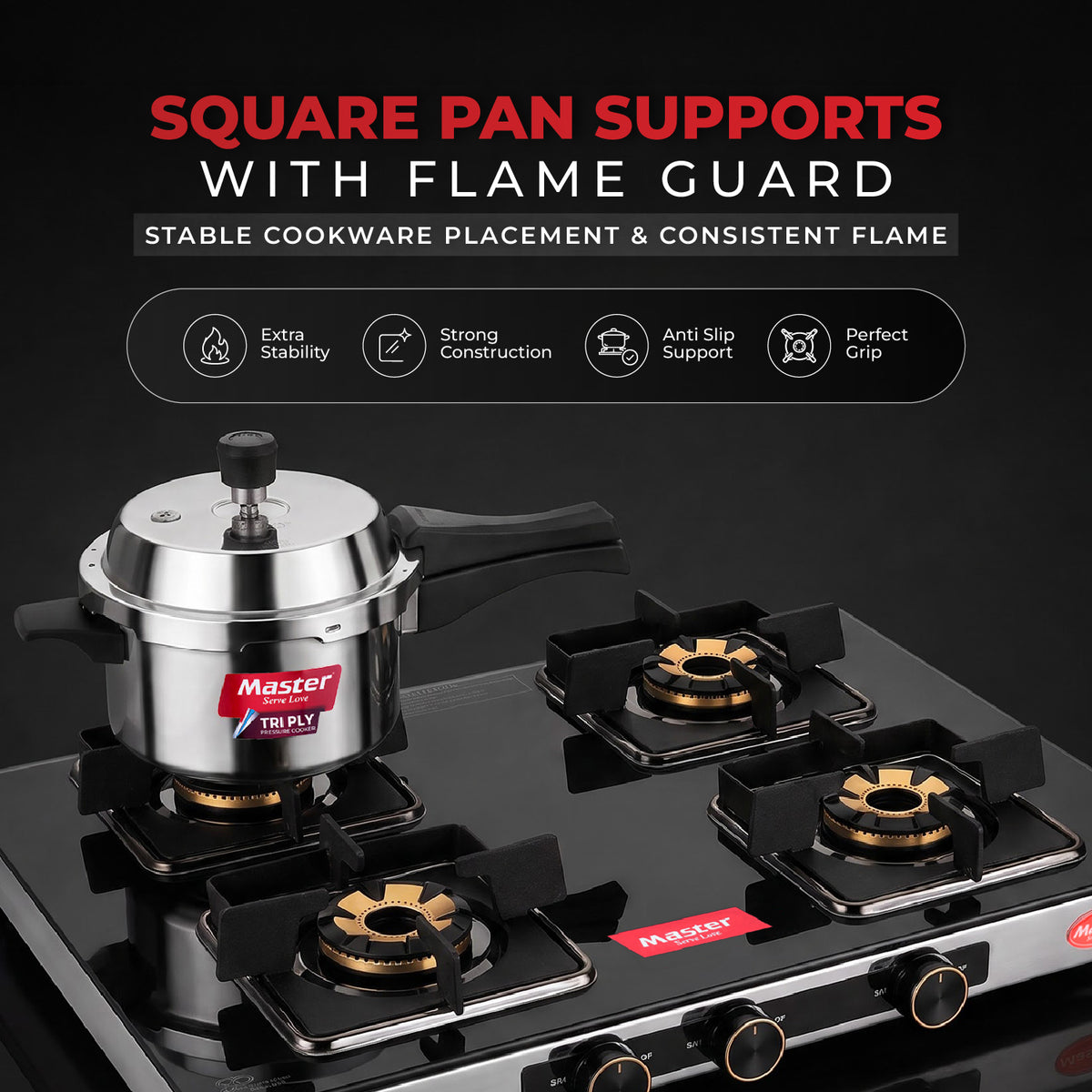 Zenova Premium Glass Top LPG Gas Stove with Jumbo Burner – 4 Burner