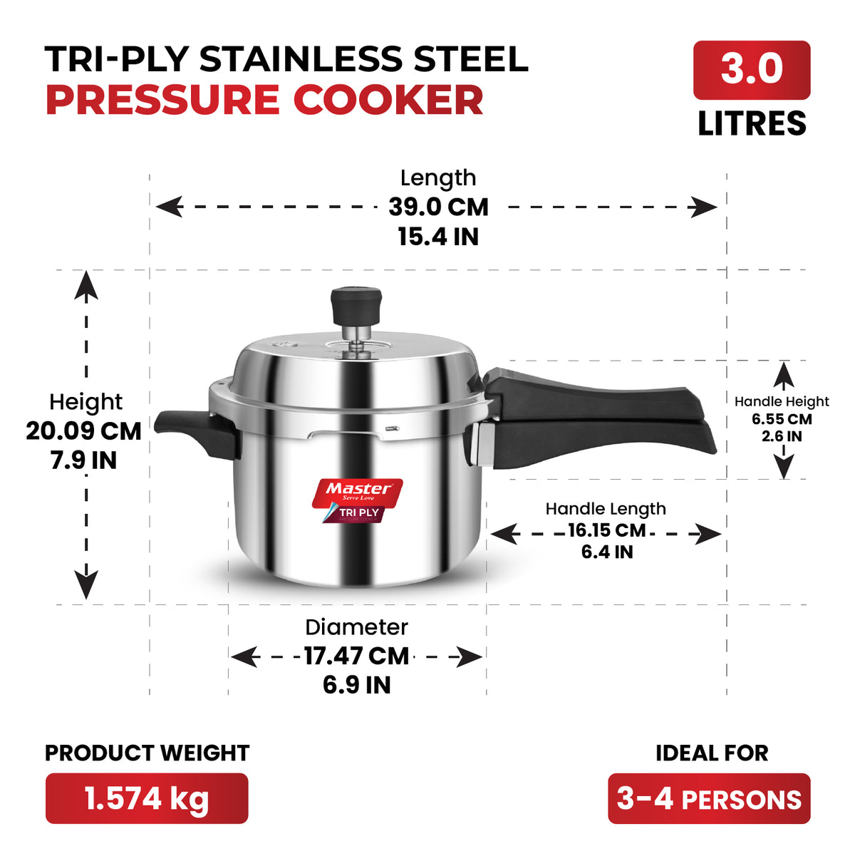 Triva Tri-Ply Wide Body Outer Lid Pressure Cooker – 3 L