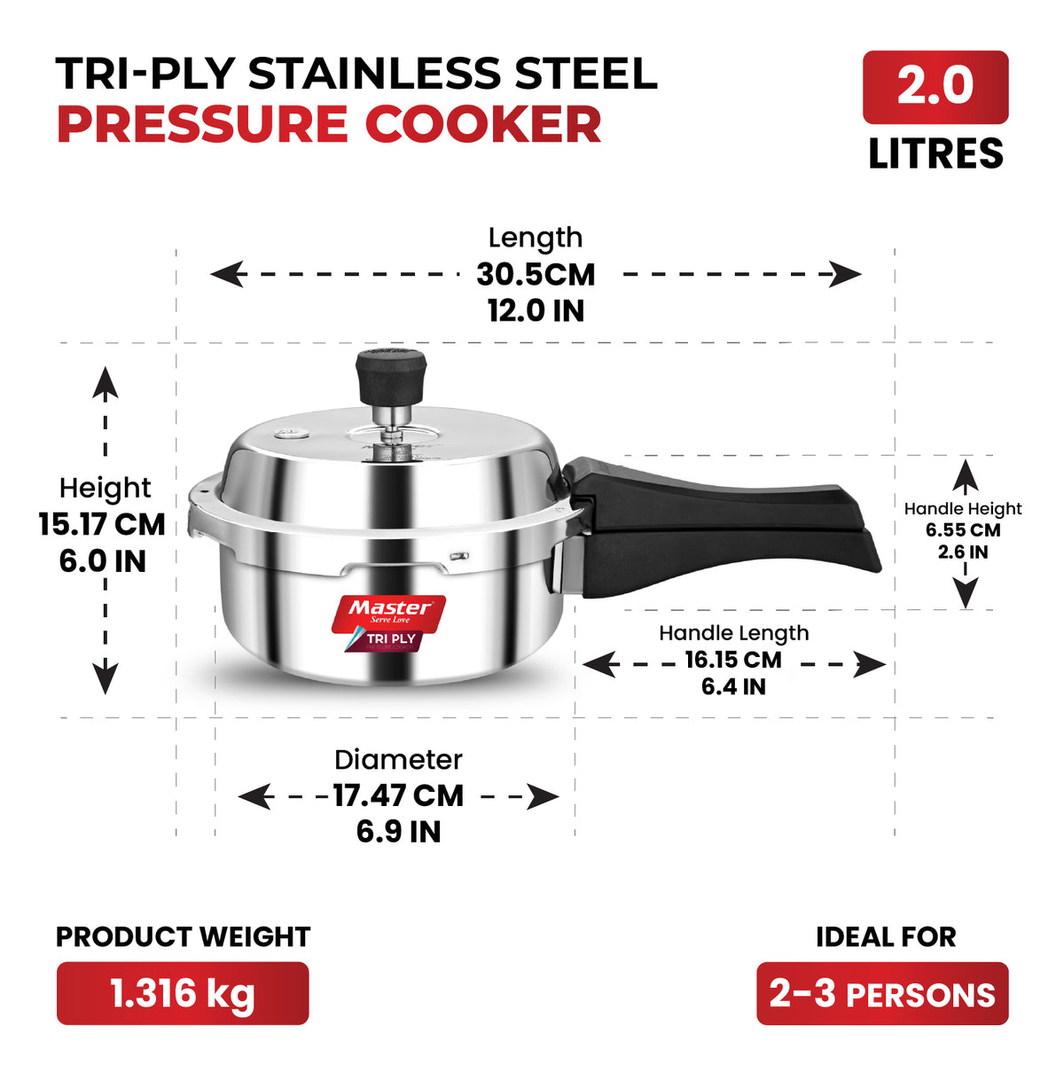 Triva Tri-Ply Wide Body Outer Lid Pressure Cooker – 2 L