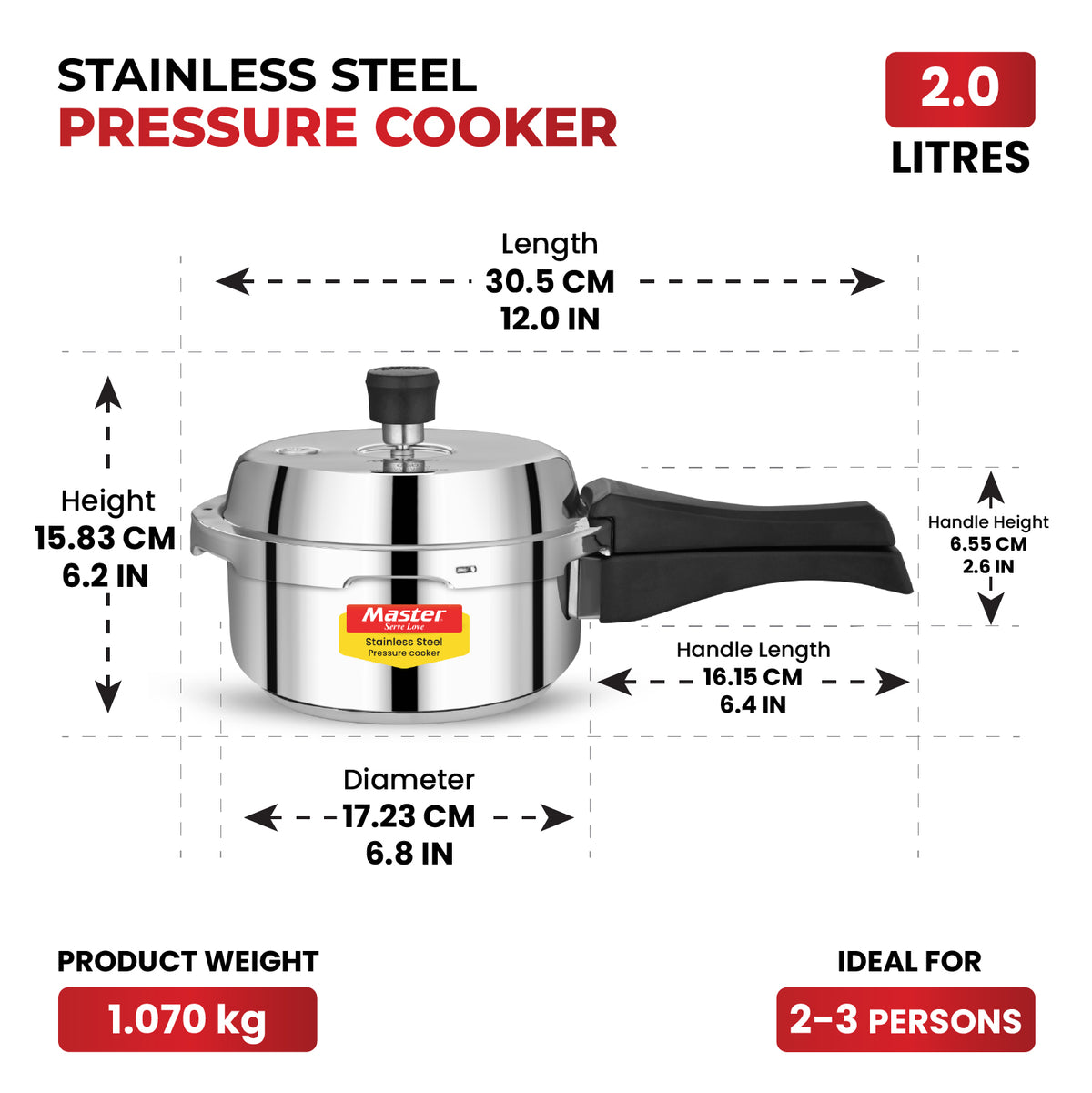 Vistaar Stainless Steel Wide Body Outer Lid Pressure Cooker – 2 L