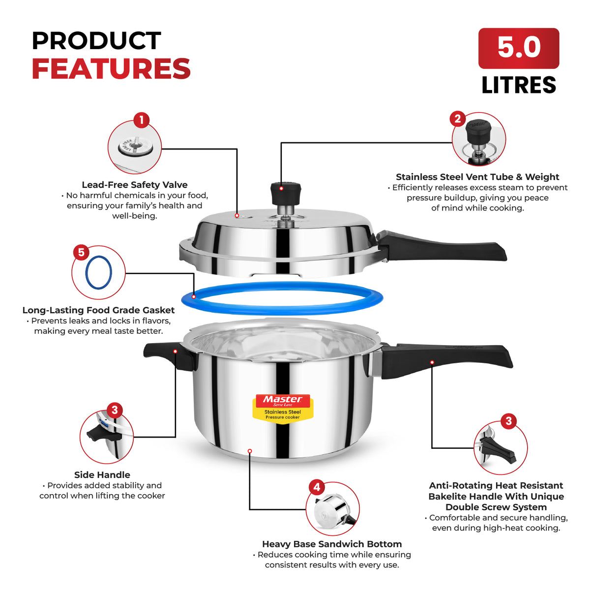 Vistaar Stainless Steel Wide Body Outer Lid Pressure Cooker – 5 L