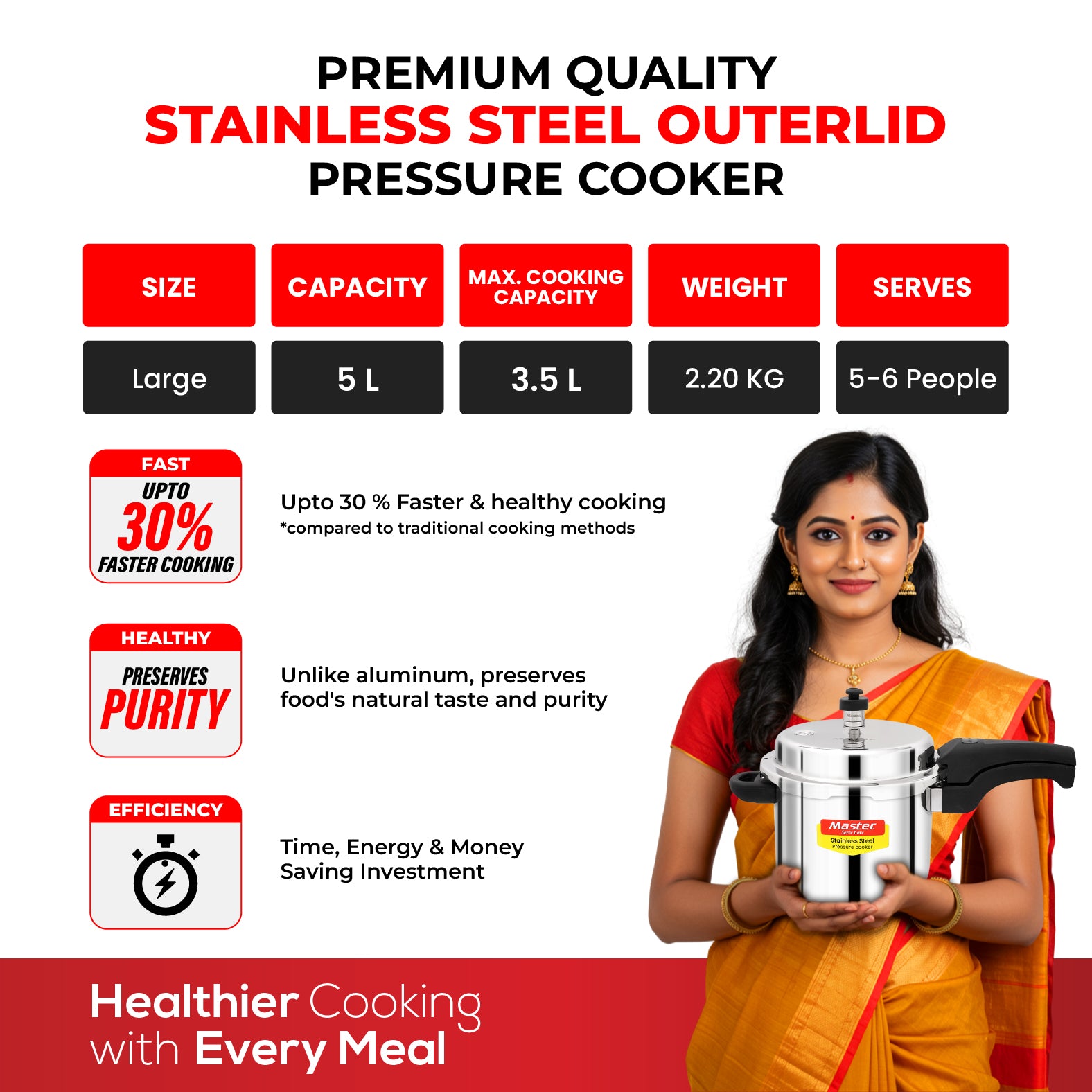 Smart 5L Stainless Steel Outer Lid Pressure Cooker - Induction Base